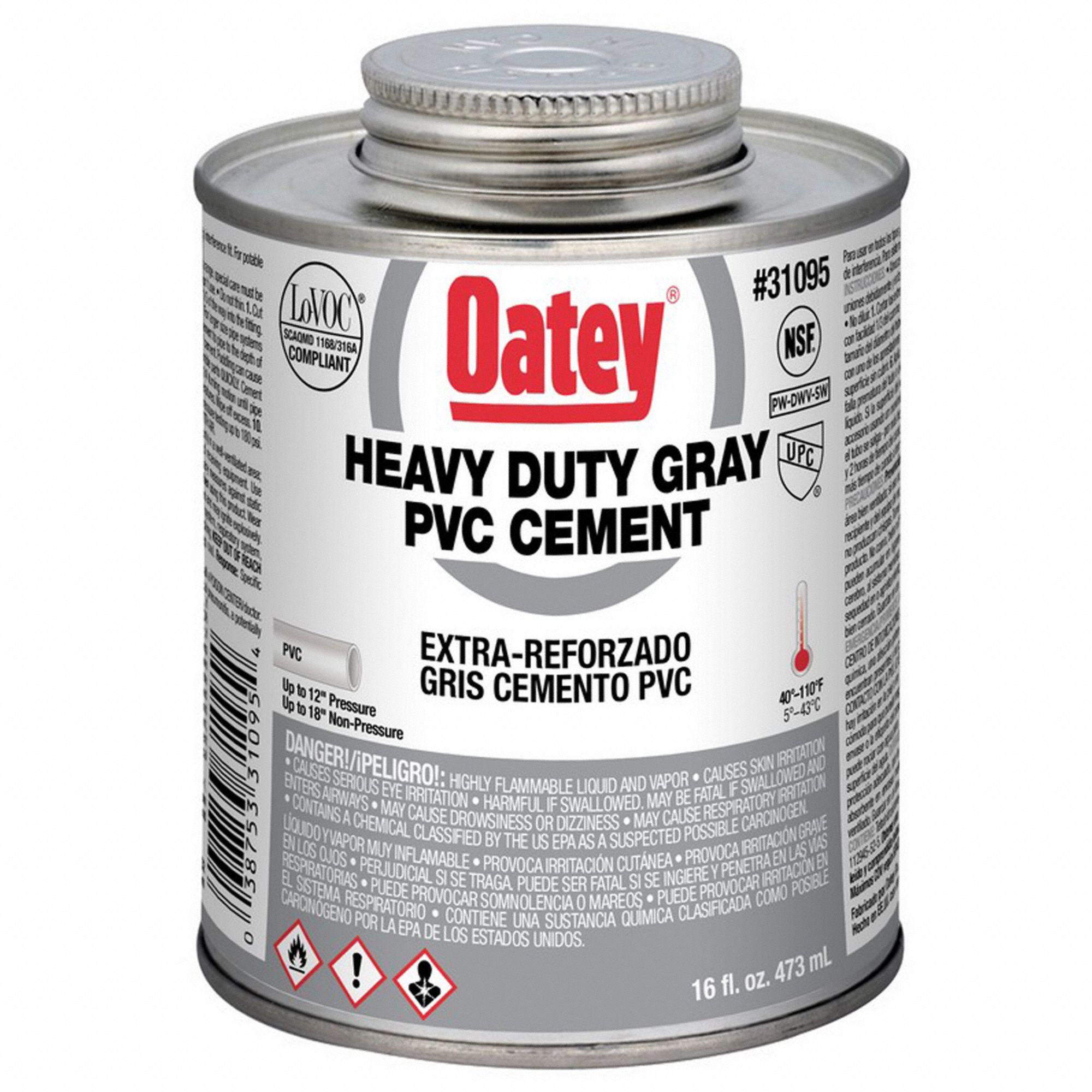 OATEY PVC Cement Heavy Bodied, 16 oz Size, Gray, For Use With PVC Pipe