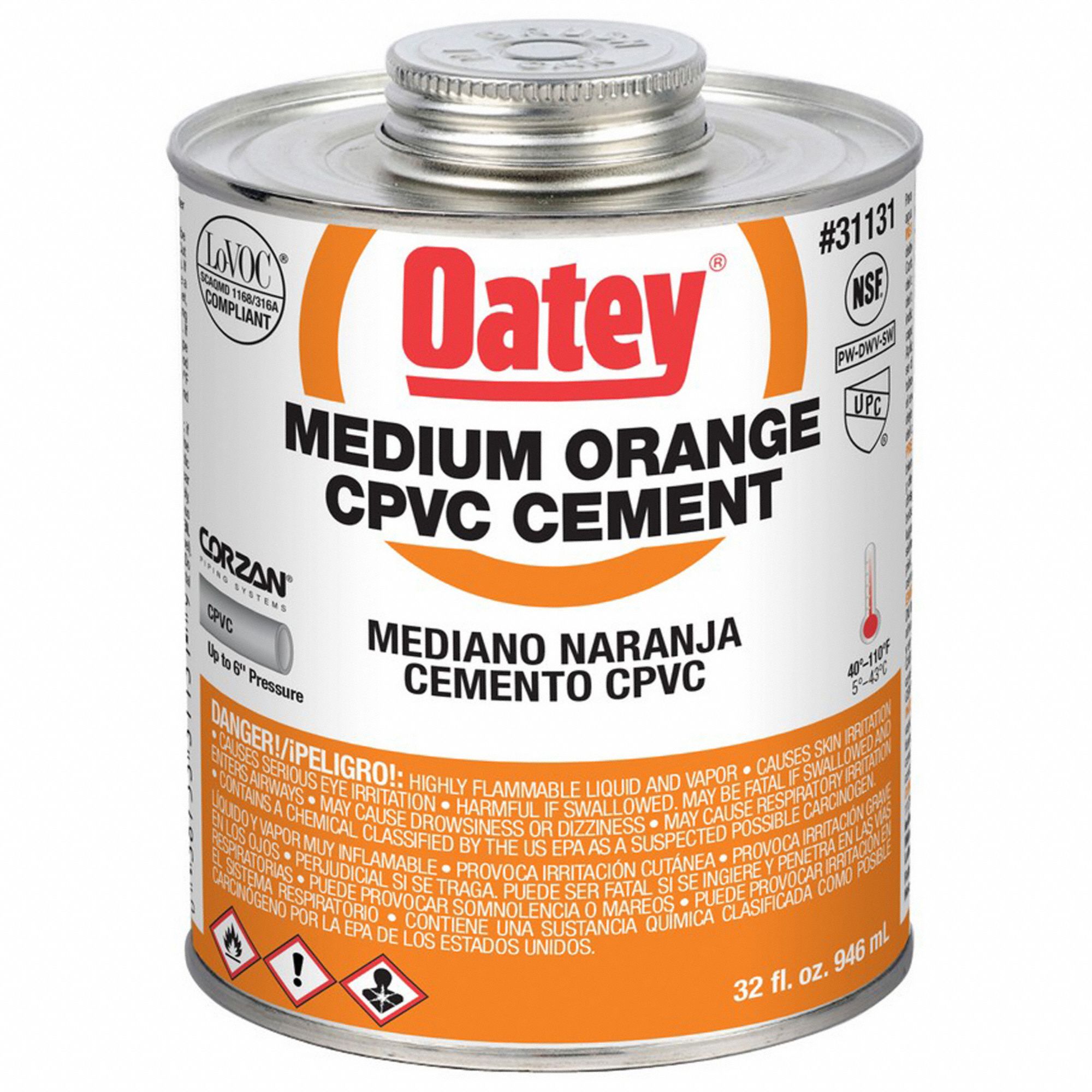 Pipe Cement: Medium, 32 fl oz, Brush-Top Can, Orange