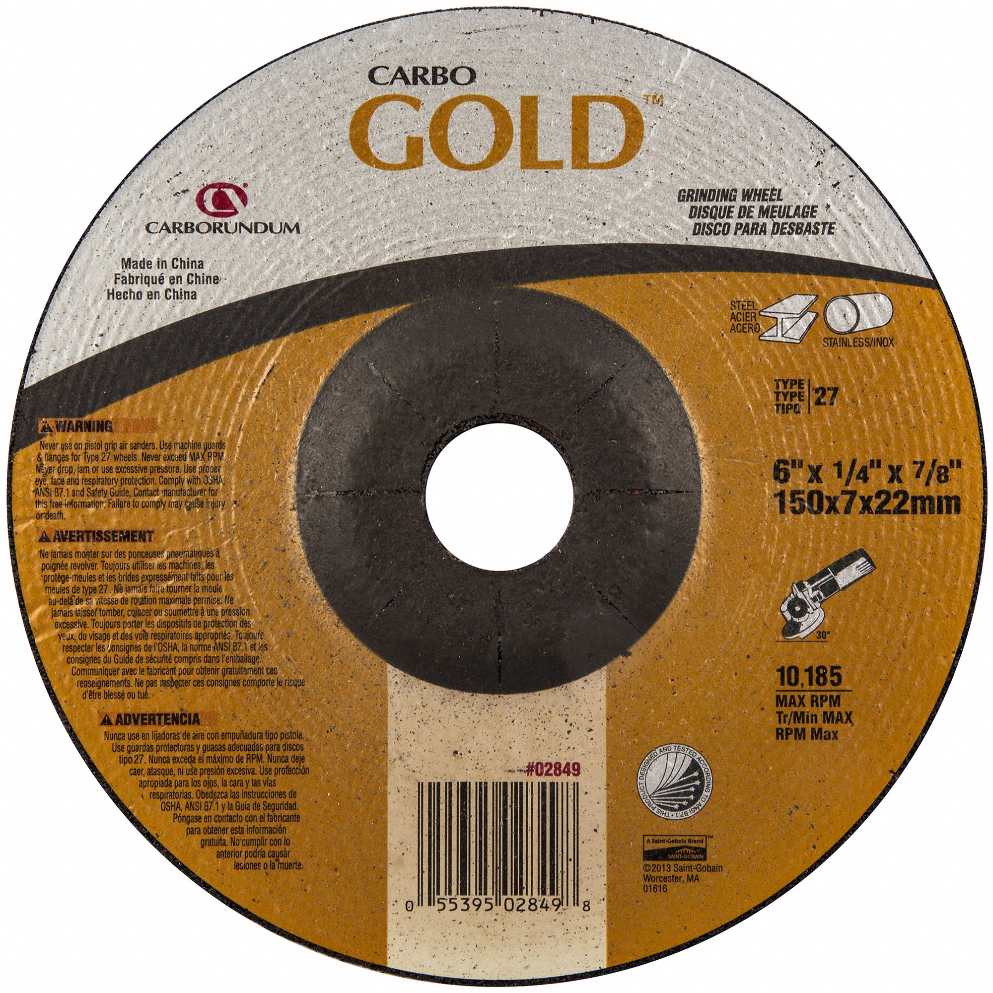 Depressed Center Grinding Wheel: Type 27, 6" x 1/4" x 7/8", Aluminum Oxide, 24 Grit