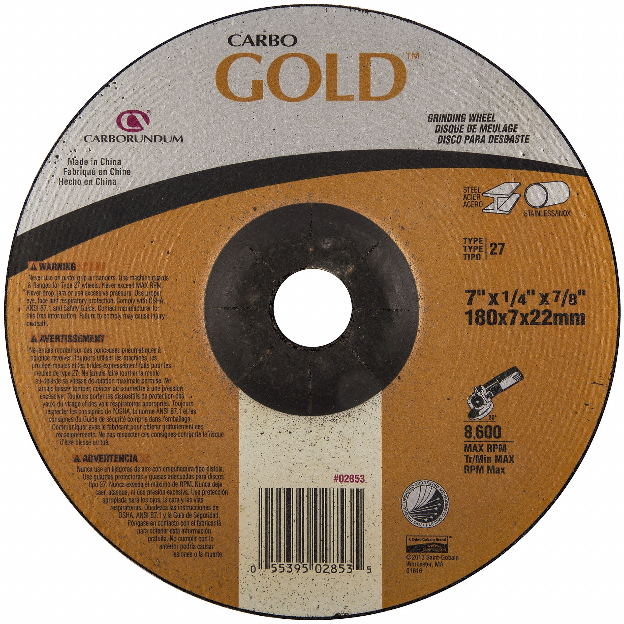 Depressed Center Grinding Wheel: Type 27, 7" x 1/4" x 7/8", Aluminum Oxide, 24 Grit