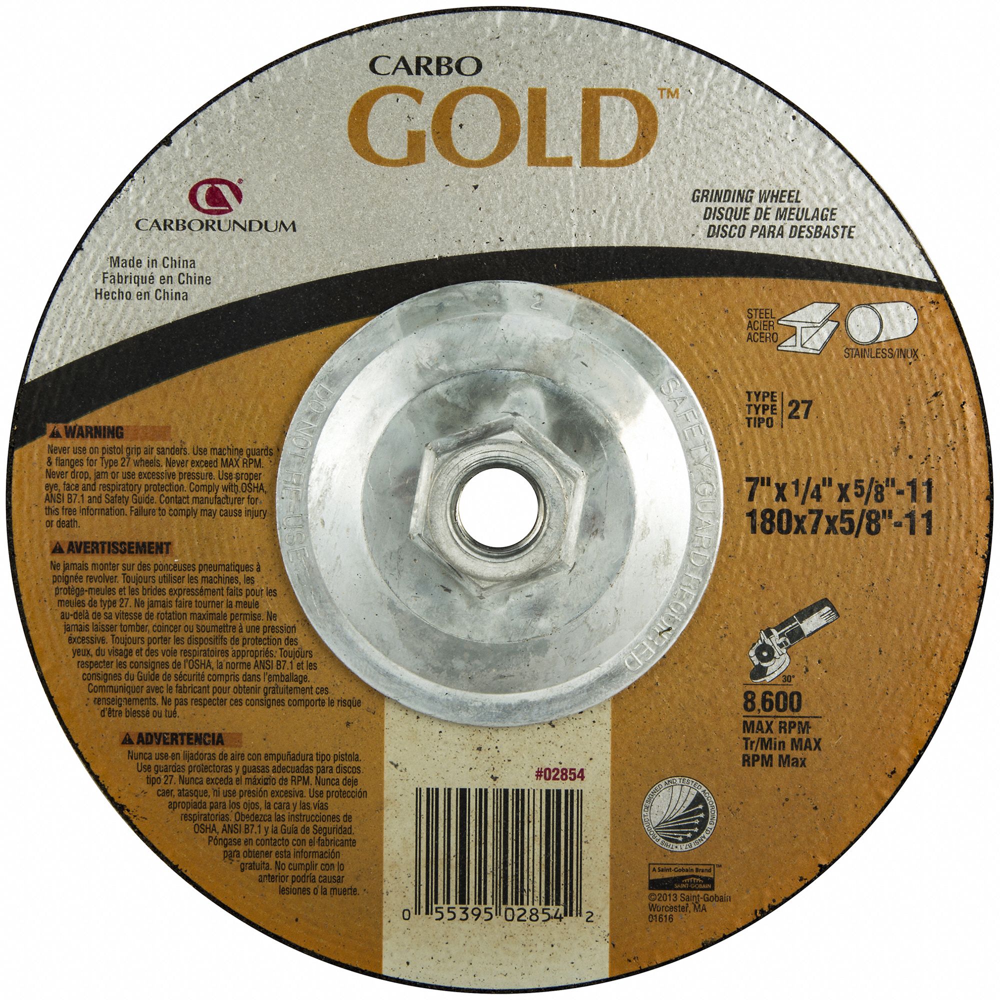 Depressed Center Grinding Wheel: Type 27, 7" x 1/4" x 5/8"-11, Aluminum Oxide