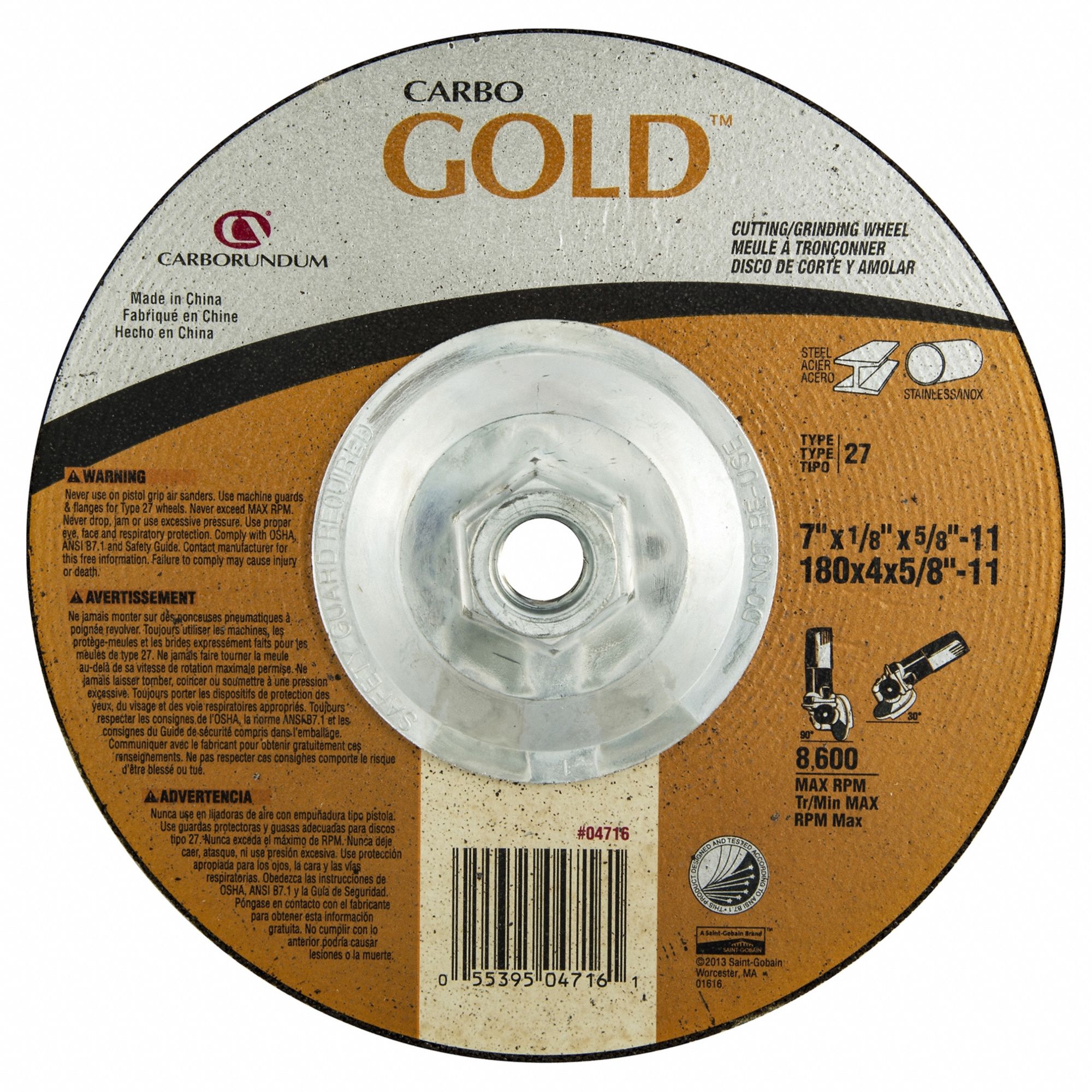 Cut-Off & Grinding Wheel: Type 27, 7" x 1/8" x 5/8"-11, Aluminum Oxide, 24 Grit