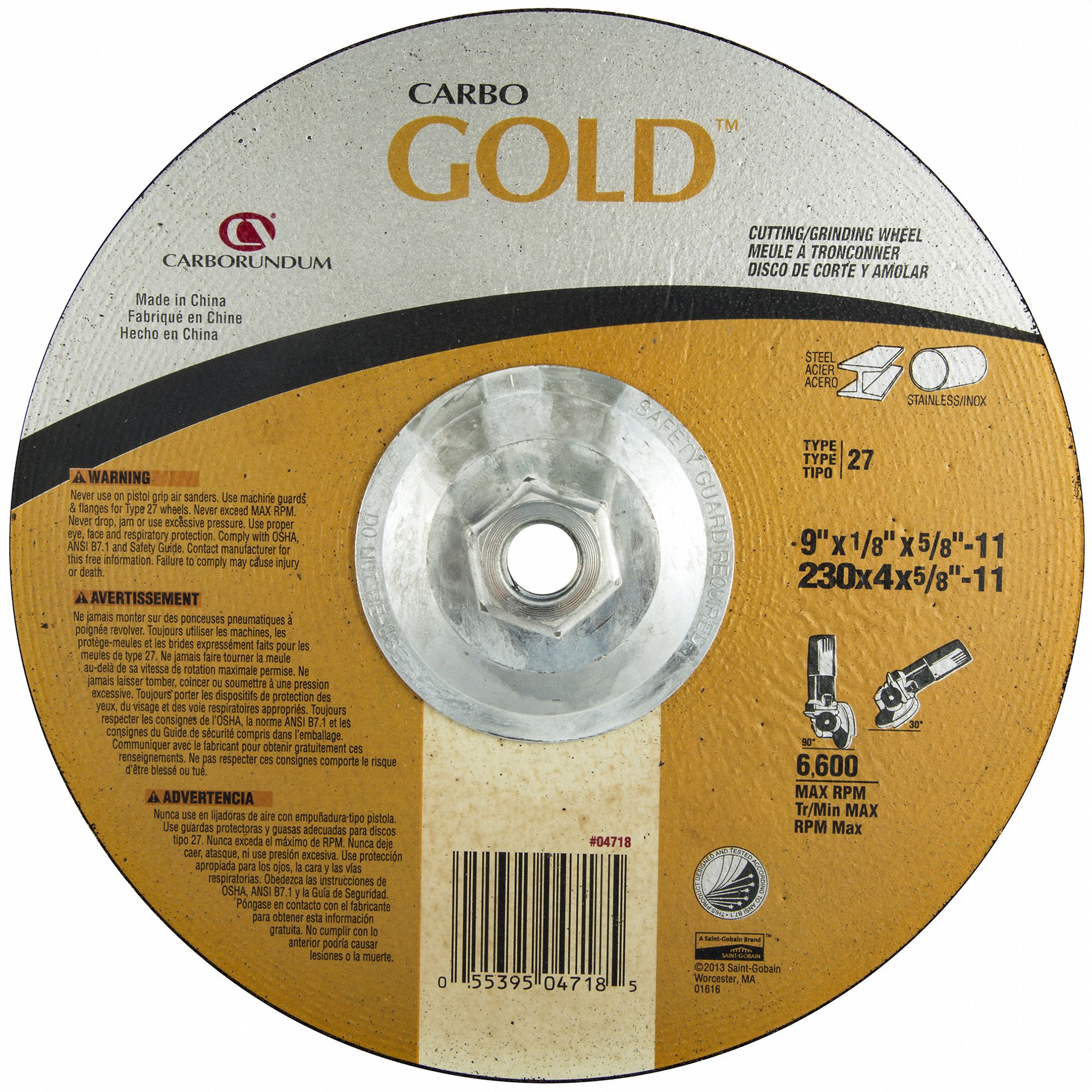 Cut-Off & Grinding Wheel: Type 27, 9" x 1/8" x 5/8"-11, Aluminum Oxide, 24 Grit