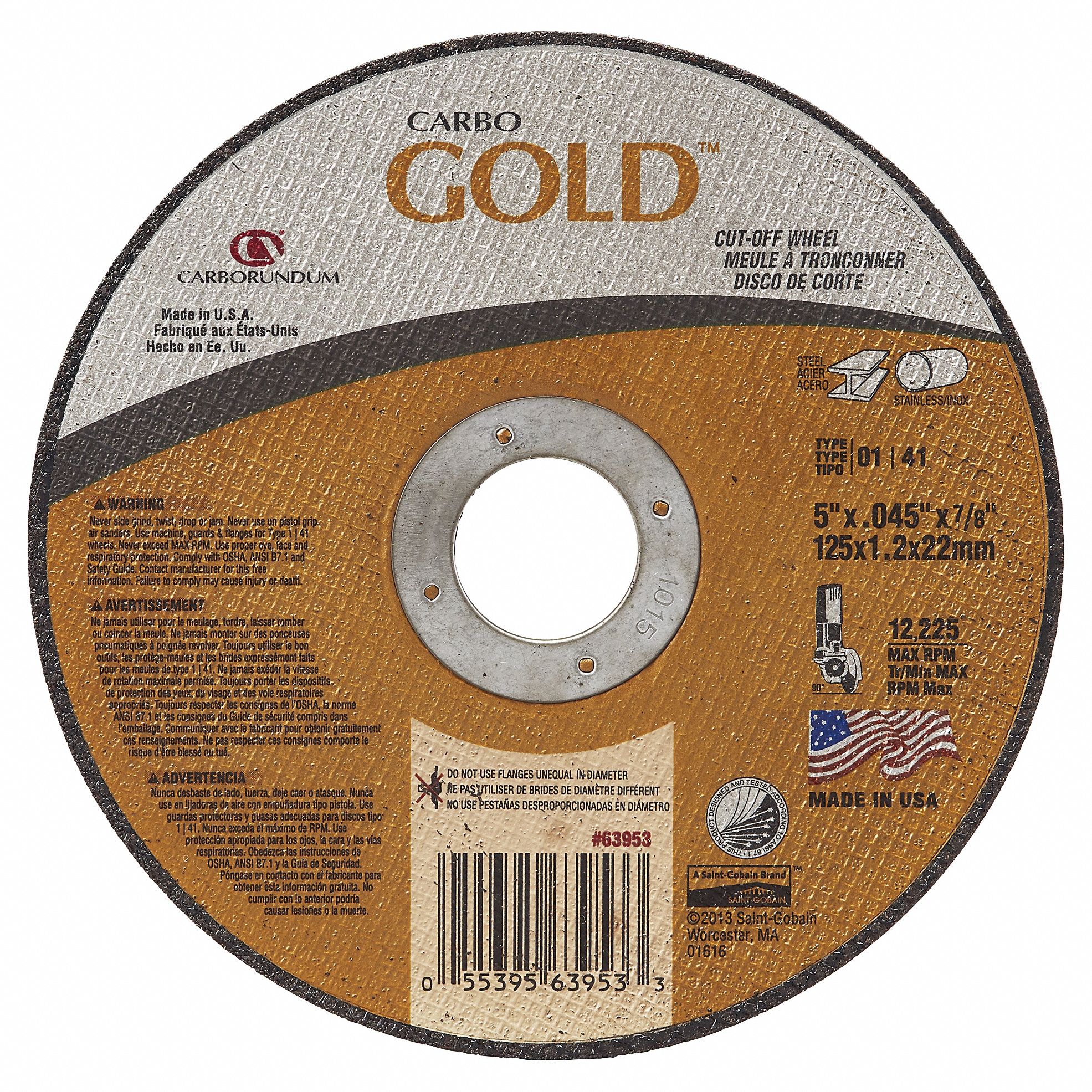 Abrasive Cut-Off Wheel: Type 1, 5" x 0.045" x 7/8", Aluminum Oxide, 60 Grit