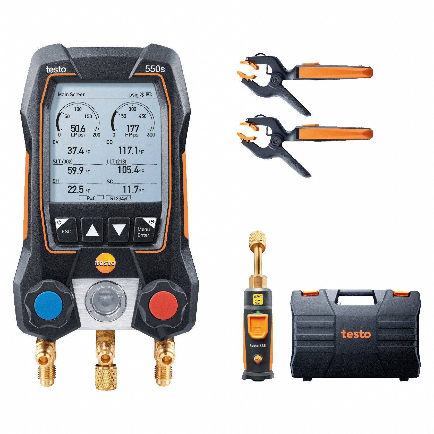 Manifold Gauge Set: 2 Valves, 3 Hoses, Series 550s, measureQuick/testo Smart