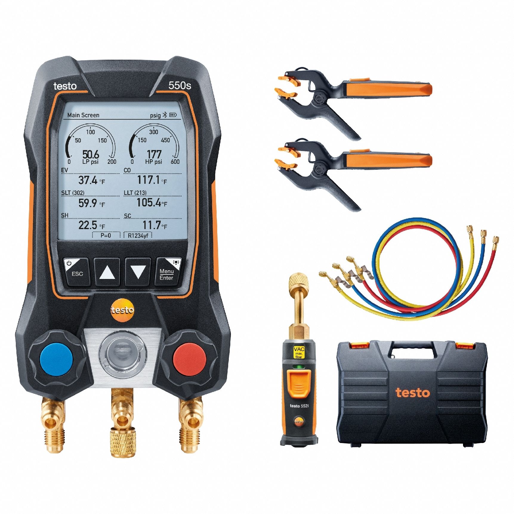 Manifold Gauge Set: 2 Valves, 3 Hoses, Series 550s, measureQuick/testo Smart