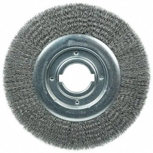 Wire Wheel Brush: Crimped Steel, 10 in Dia x 1 1/8 in Wd, 2 in Arbor, 0.012 in Fill