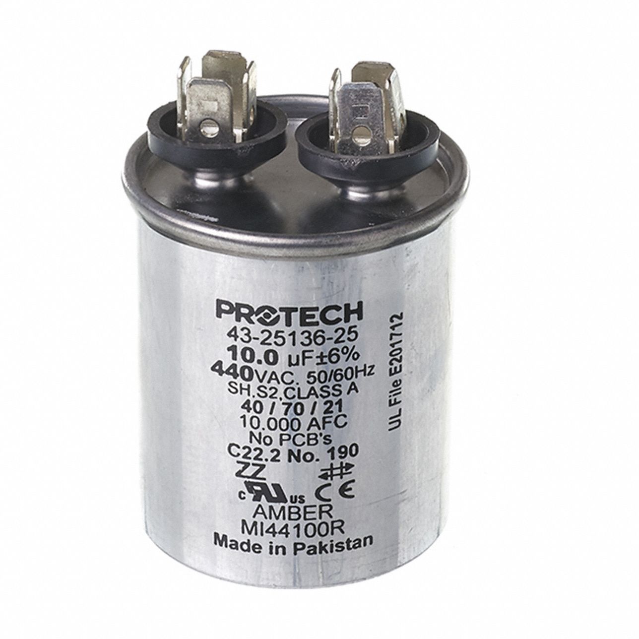 Motor Run Capacitor: Round, 440V AC, 10 MFD, 1 3/4 in Overall Dia, 2 1/8 in Overall Ht