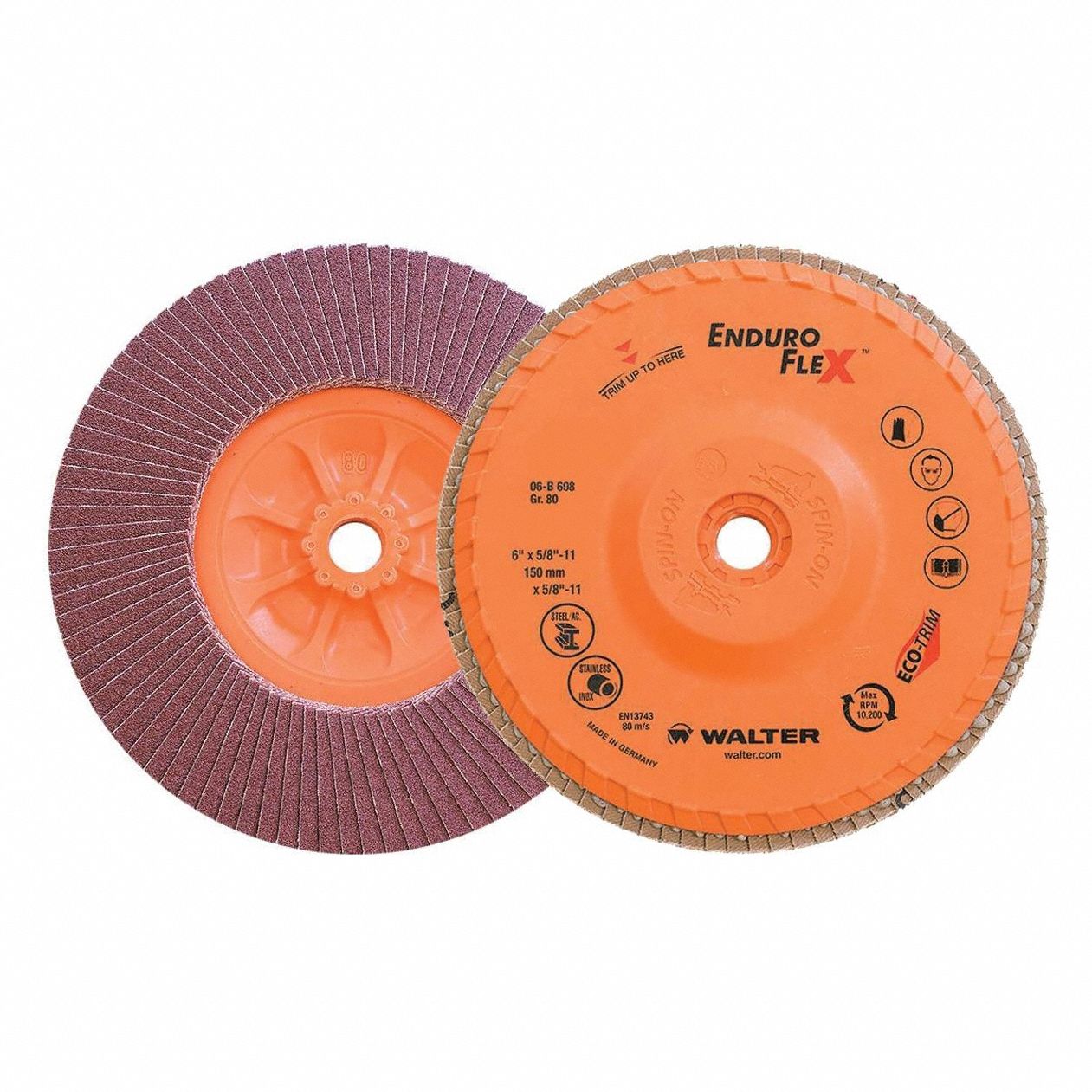Flap Disc: Type 27, 6" x 5/8"-11, Zirconia Alumina, 80 Grit, Eco-Trim Bk