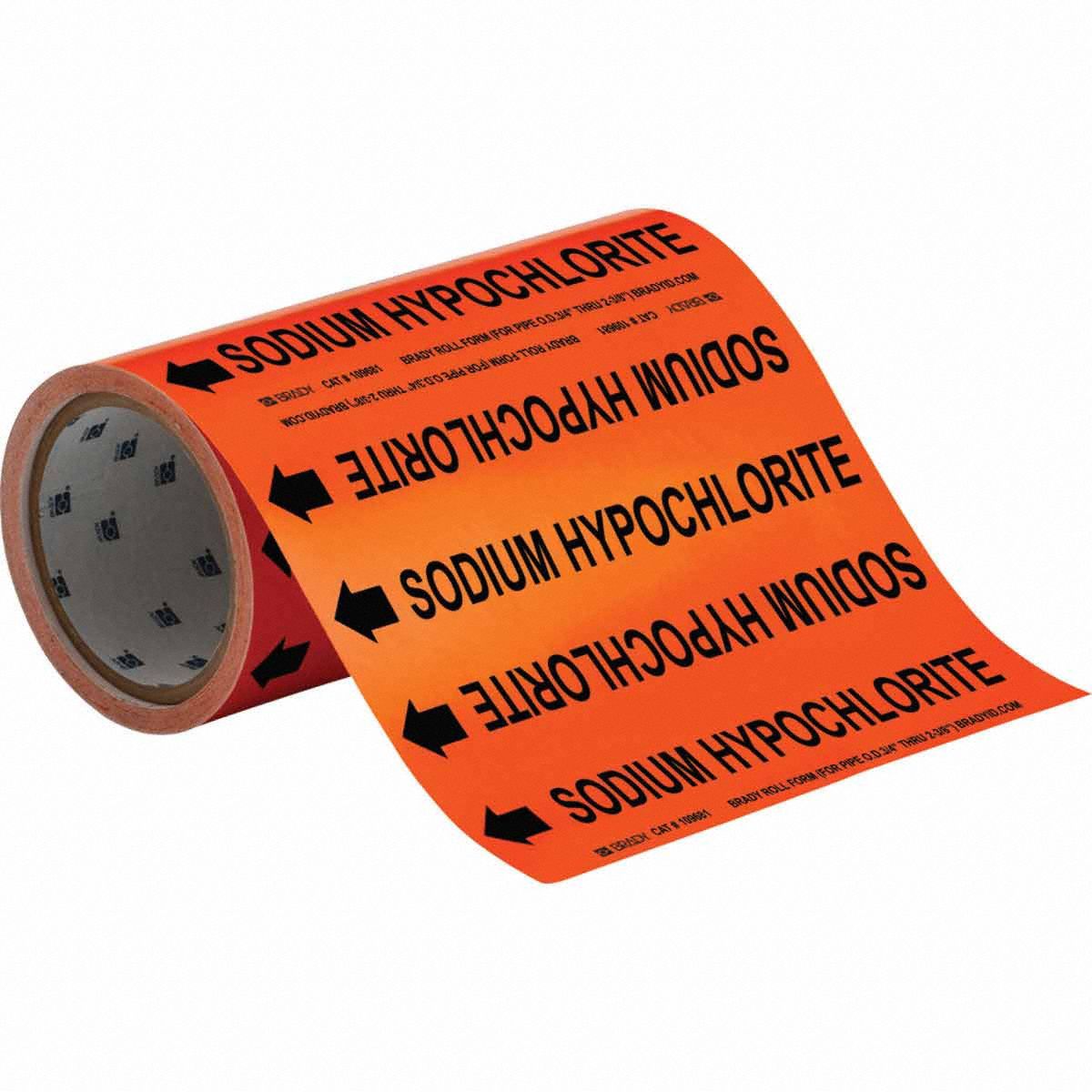 Pipe Marker: Sodium Hypochlorite, Orange, Black, Fits 2 in and Smaller Pipe O.D., 30 Pipe Markers