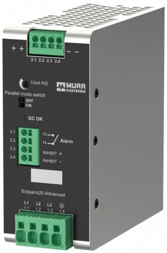 MURRELEKTRONIK DC Power Supply: DIN Rail, 120 W Output Power - Rated, 10.5 A Current - Output (MPN 9000-17331-1221110). Key specifications — attr1044898: Three; attr1044874: Aluminum; attr1044879: 342 to 575V AC; attr211400: MURRELEKTRONIK.