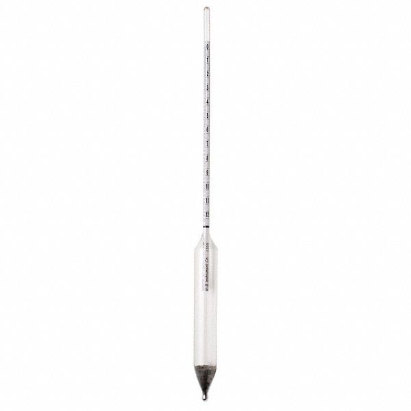 Hydrometer: Baume Plain Form, 0/50, 1, Ballast, +/-1.0°, 11 3/4 in Overall Ht
