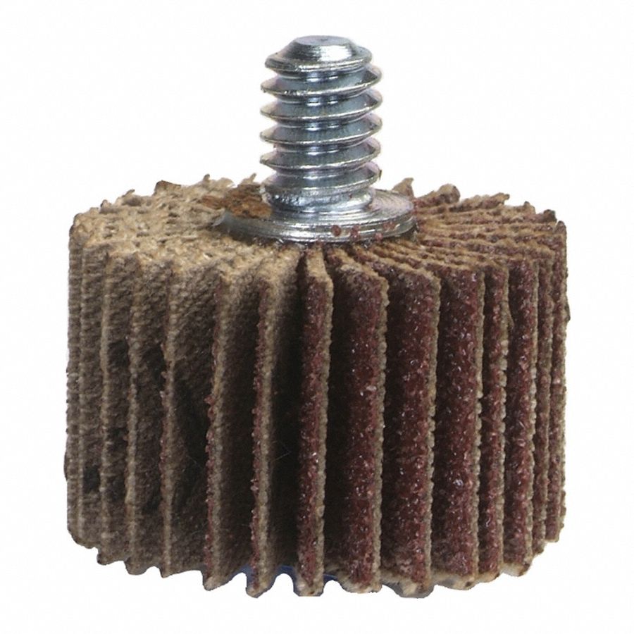 Flap Wheel: 2 1/2 in Dia x 1/2 in W, 1/4"-20 Threaded-Shank, Aluminum Oxide, P60 Grit