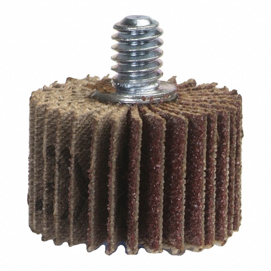 Flap Wheel: 1 in Dia x 5/8 in W, 1/4"-20 Threaded-Shank, Aluminum Oxide, P120 Grit, R369