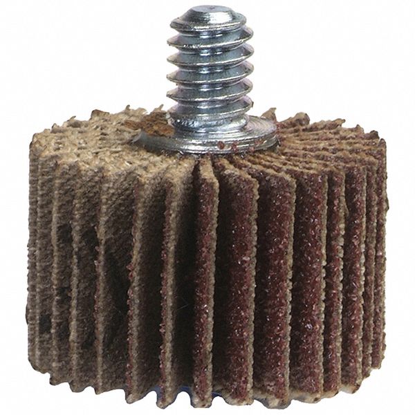 Flap Wheel: 2 in Dia x 1 1/2 in W, 1/4"-20 Threaded-Shank, Aluminum Oxide, P120 Grit, R369