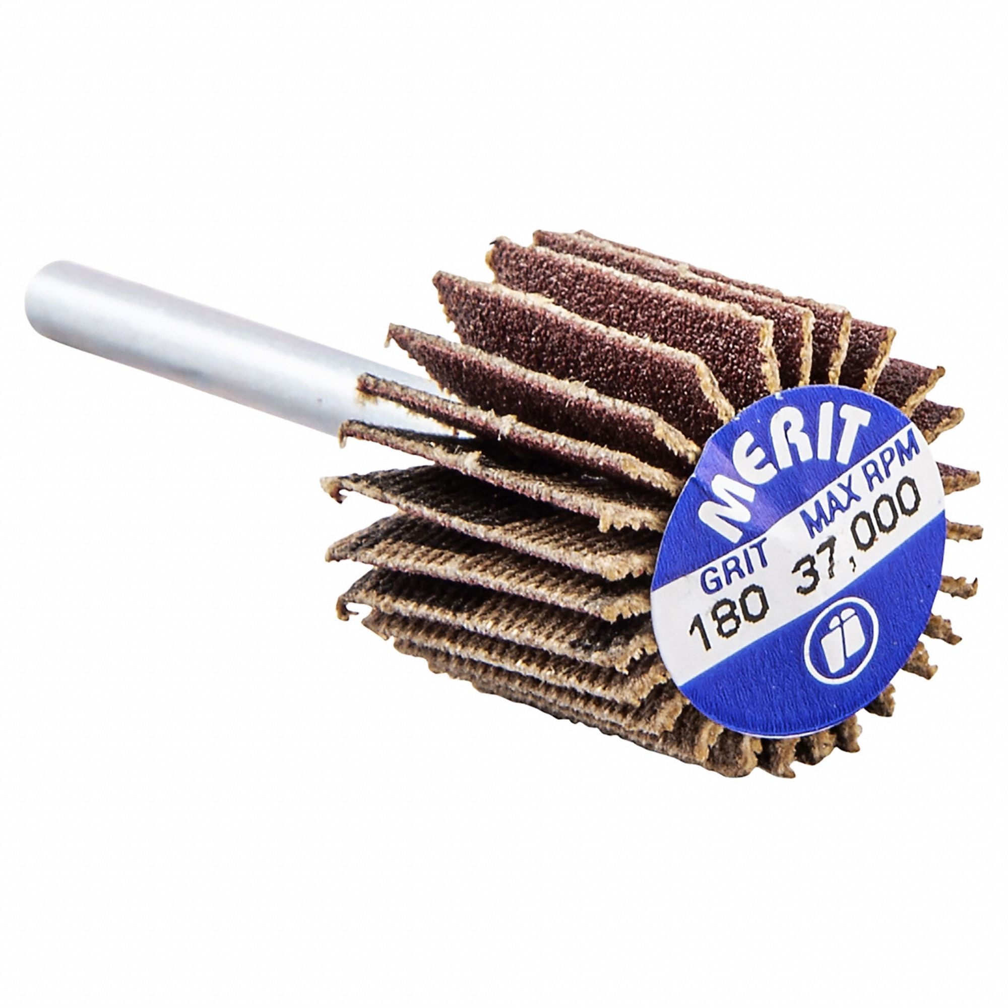 Flap Wheel: 5/8 in Dia x 5/8 in W, 1/8 in Straight-Shank, Aluminum Oxide, P180 Grit, R369