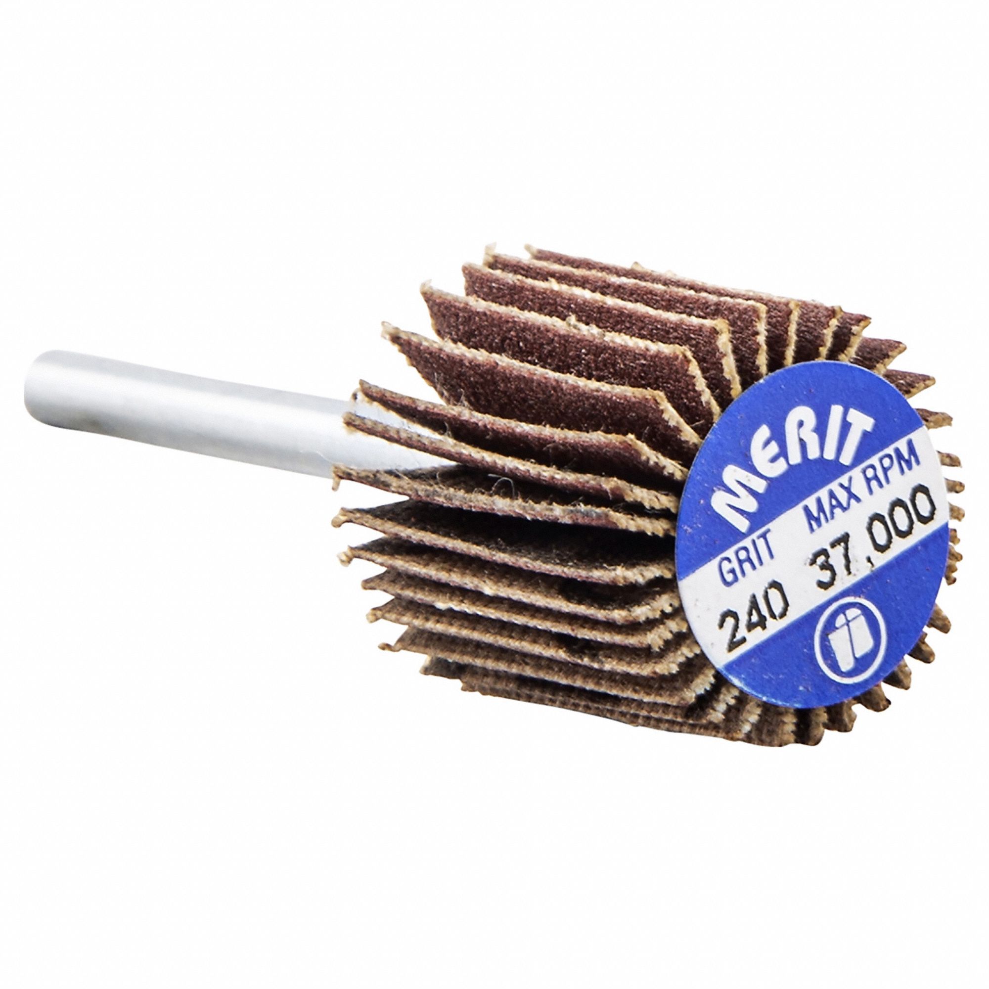 Flap Wheel: 5/8 in Dia x 5/8 in W, 1/8 in Straight-Shank, Aluminum Oxide, P240 Grit, R369