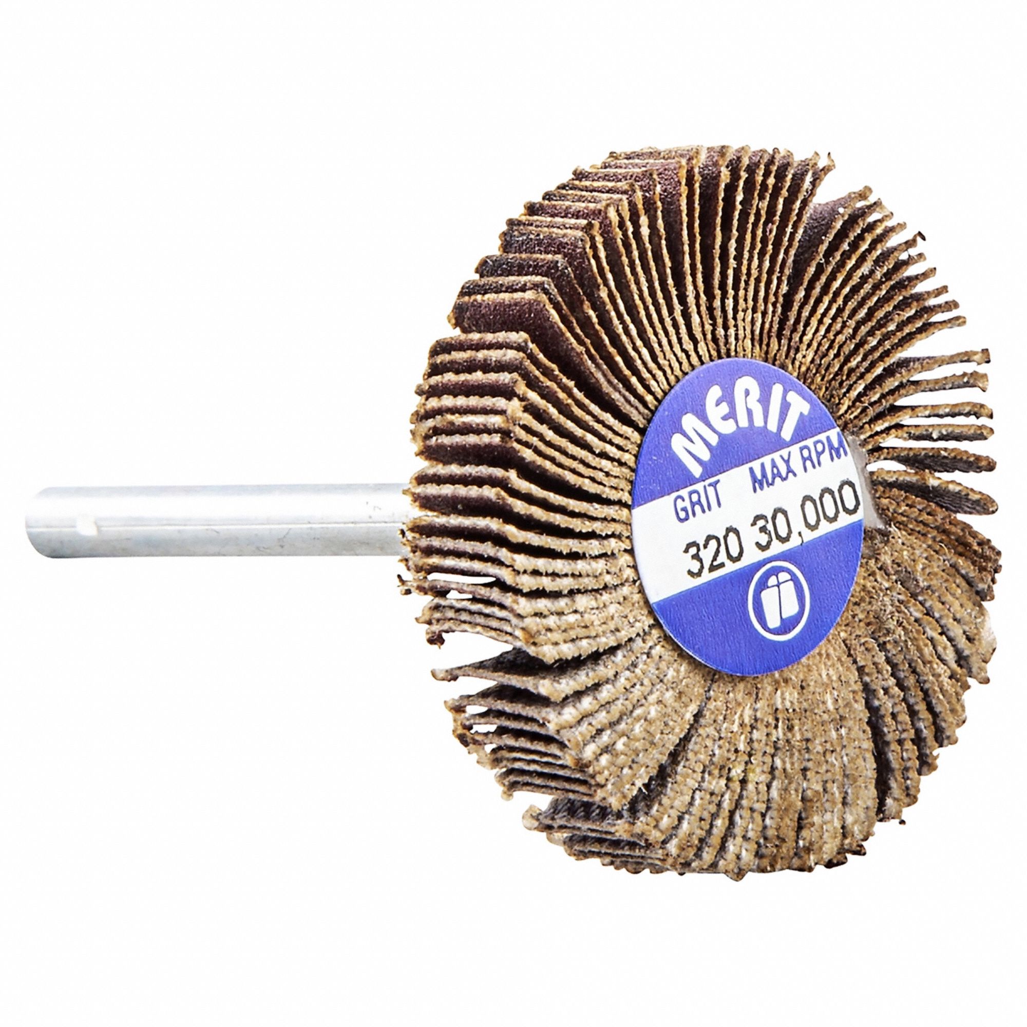 Flap Wheel: 1 3/16 in Dia x 3/16 in W, 1/8 in Straight-Shank, Aluminum Oxide, 320 Grit, R369