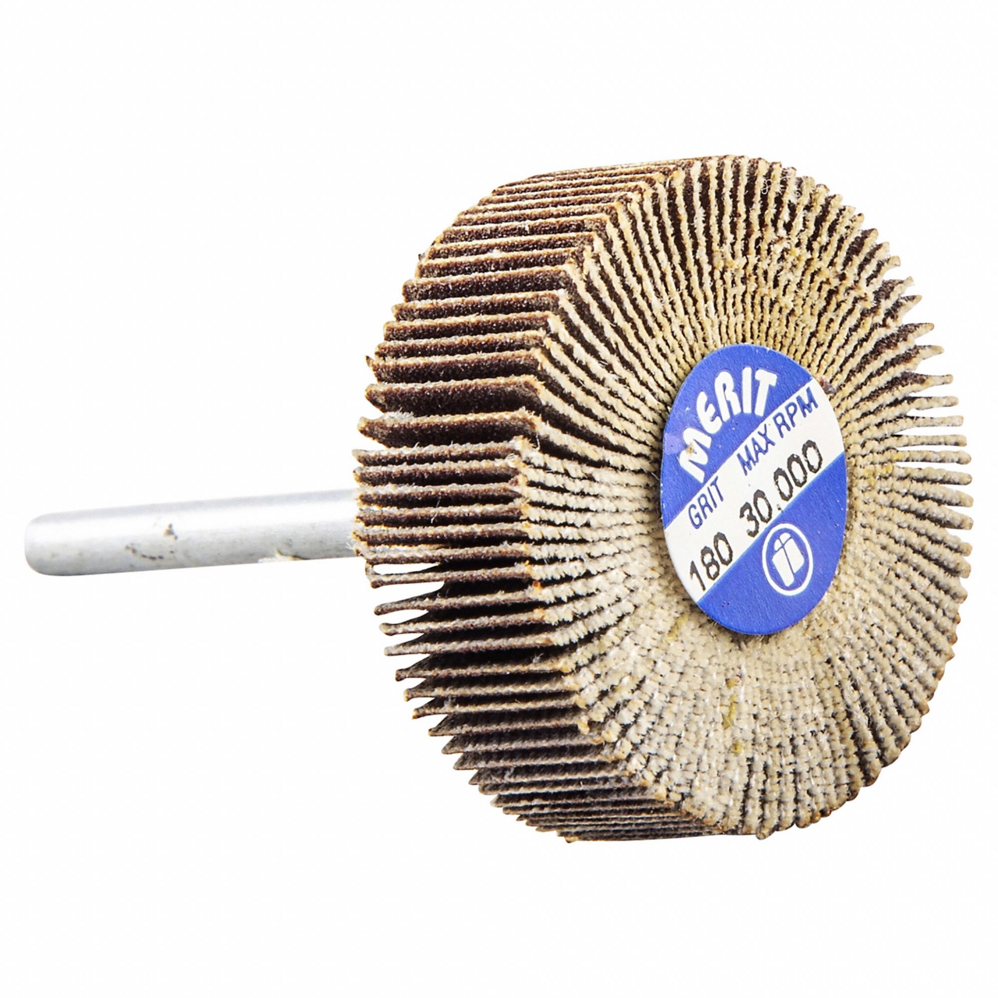 Flap Wheel: 1 3/16 in Dia x 3/8 in W, 1/8 in Straight-Shank, Aluminum Oxide, P180 Grit, R369