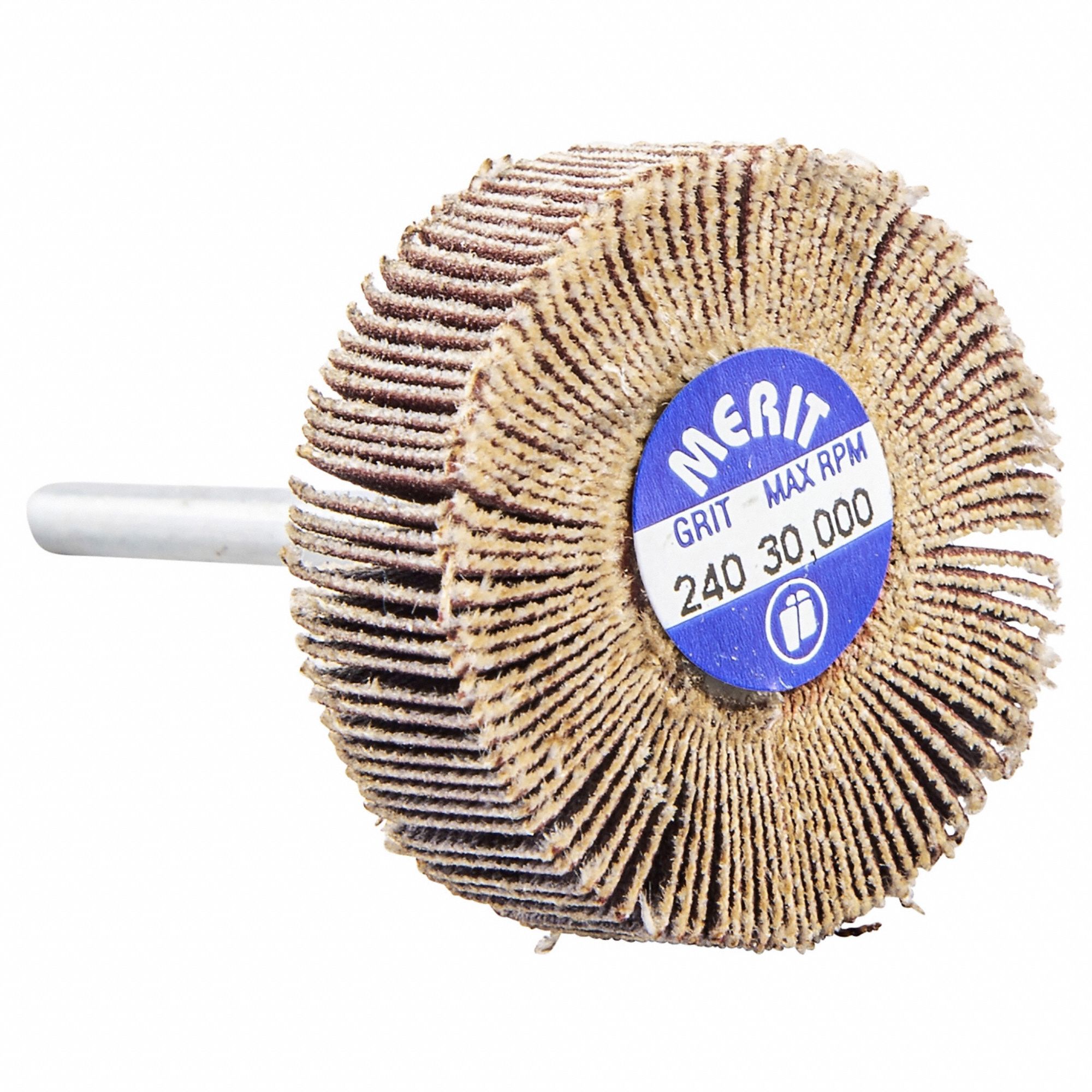 Flap Wheel: 1 3/16 in Dia x 3/8 in W, 1/8 in Straight-Shank, Aluminum Oxide, P240 Grit, R369