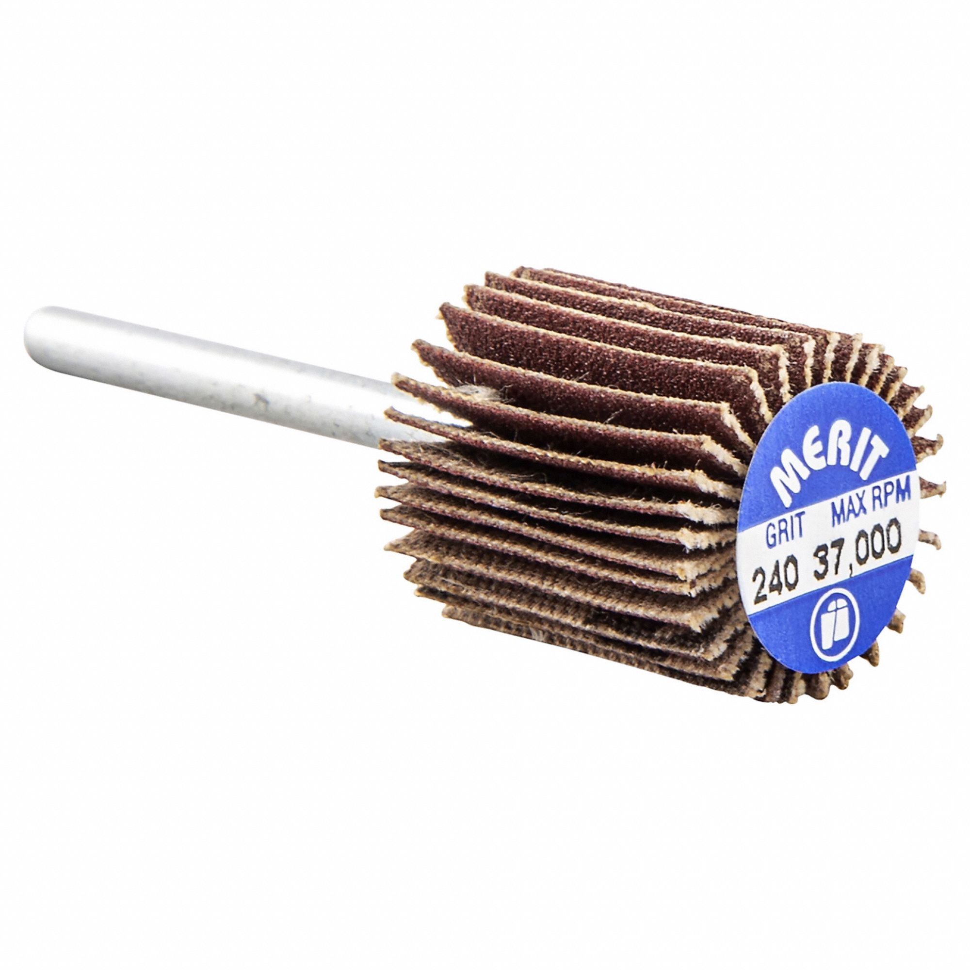 Flap Wheel: 5/8 in Dia x 3/4 in W, 1/8 in Straight-Shank, Aluminum Oxide, P240 Grit, R369