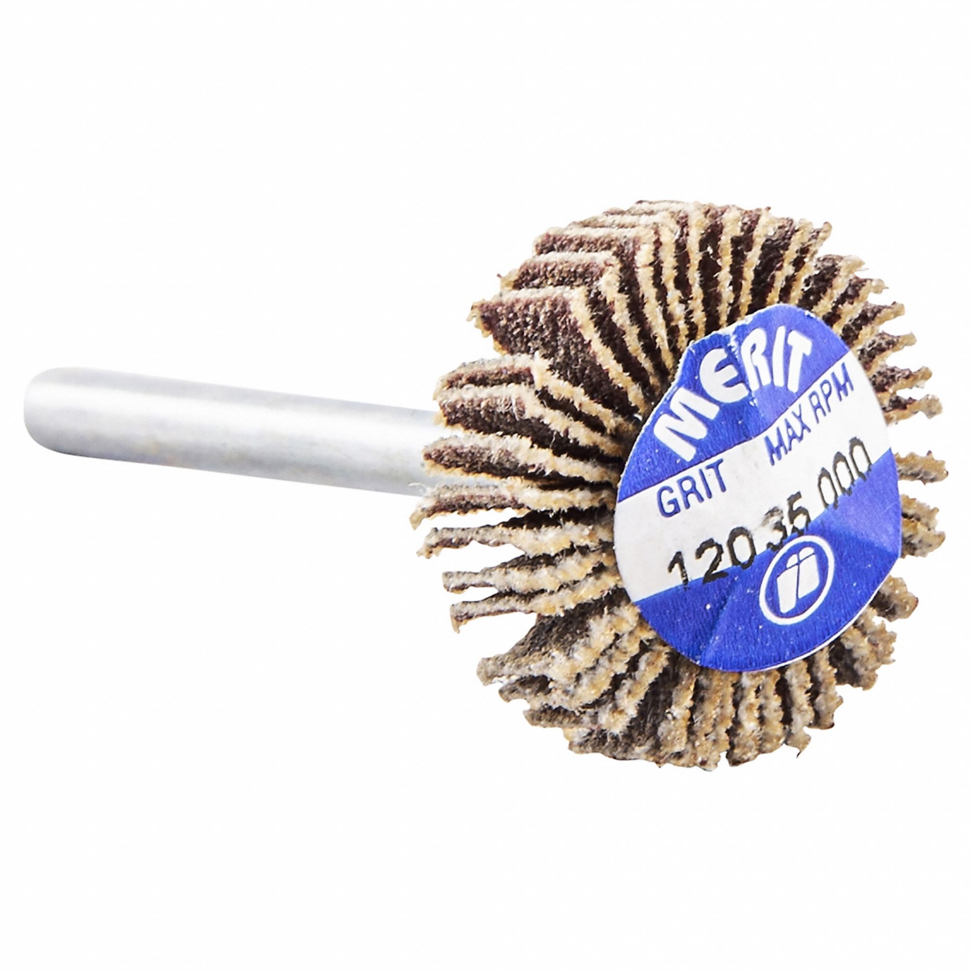 Flap Wheel: 3/4 in Dia x 3/16 in W, 1/8 in Straight-Shank, Aluminum Oxide, P120 Grit, R369