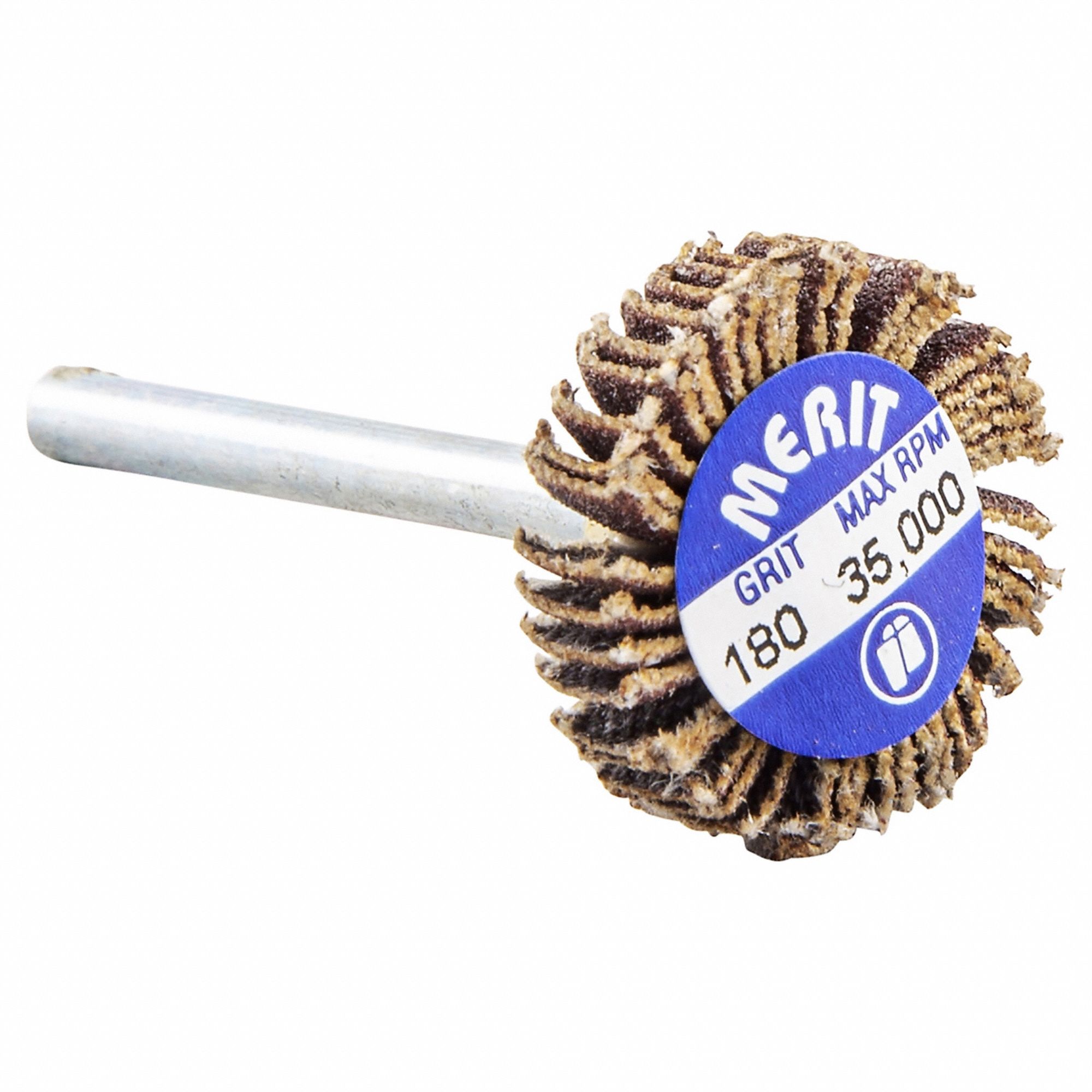 Flap Wheel: 3/4 in Dia x 3/16 in W, 1/8 in Straight-Shank, Aluminum Oxide, P180 Grit, R369