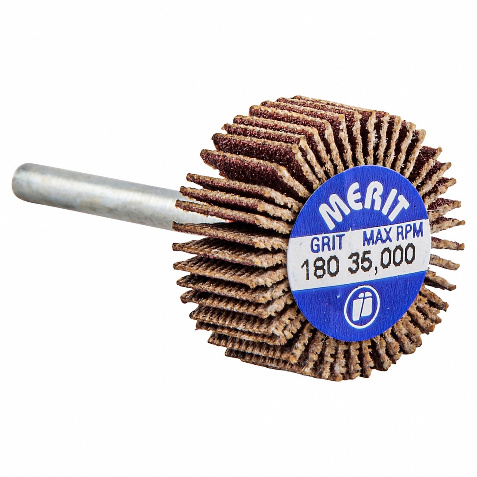 Flap Wheel: 3/4 in Dia x 3/8 in W, 1/8 in Straight-Shank, Aluminum Oxide, 180 Grit, R369