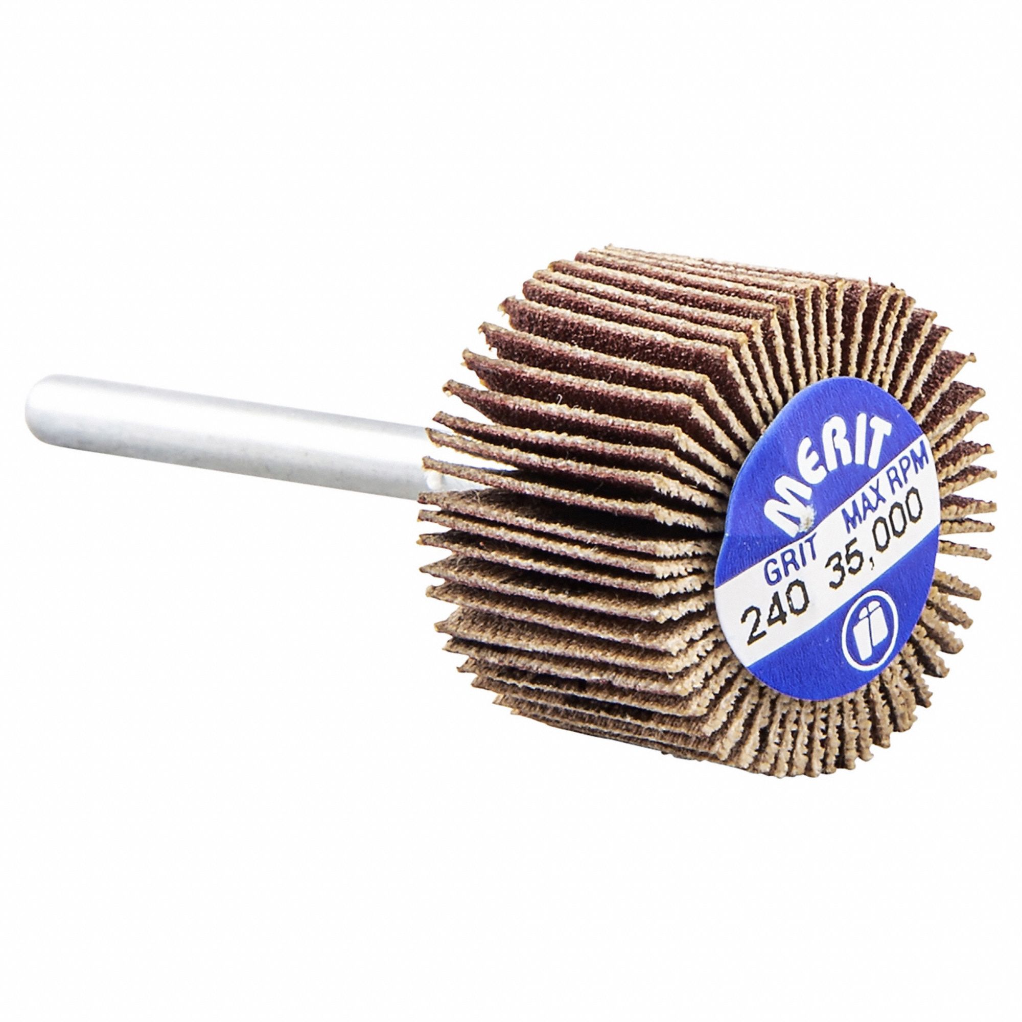 Flap Wheel: 3/4 in Dia x 1/2 in W, 1/8 in Straight-Shank, Aluminum Oxide, 240 Grit, R369