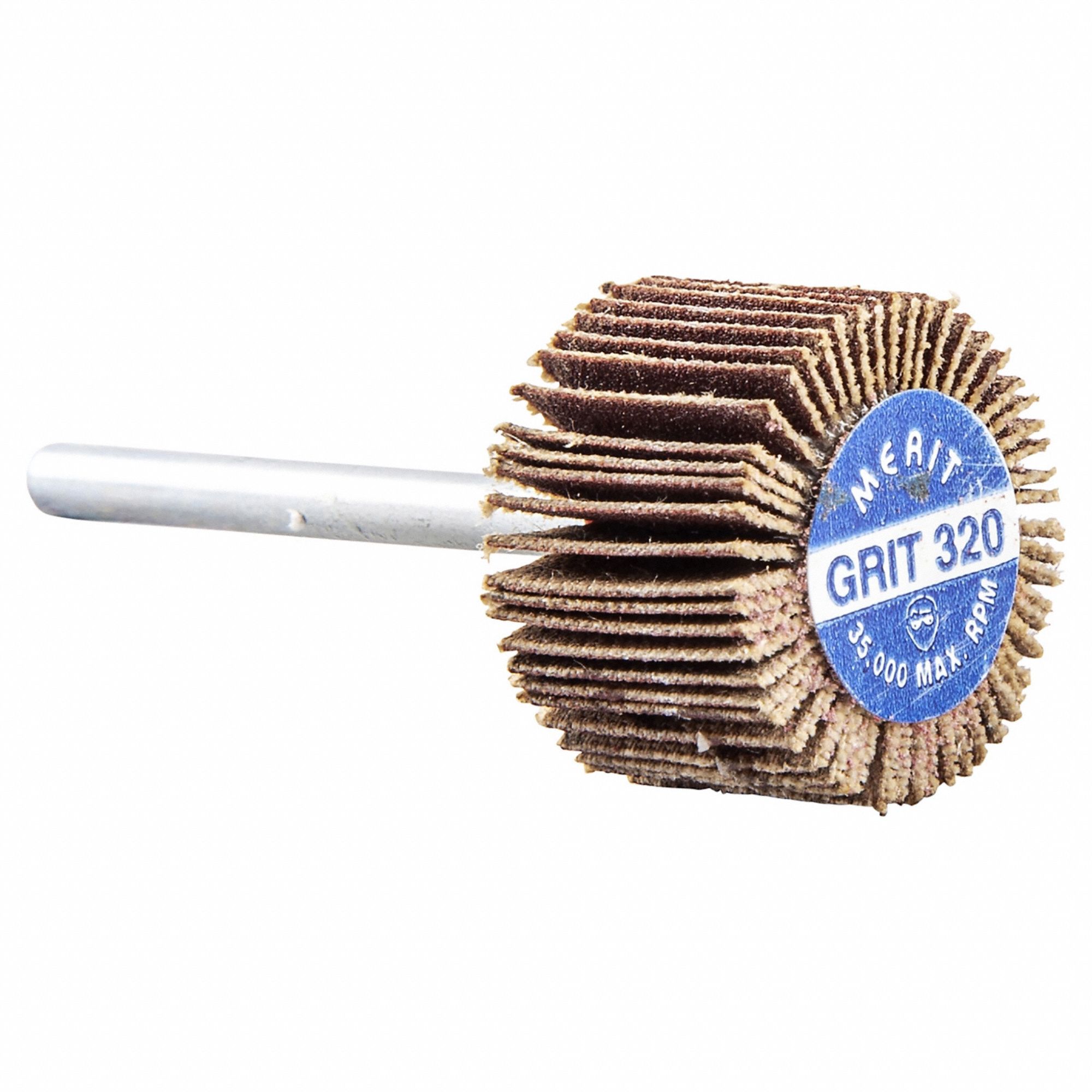 Flap Wheel: 3/4 in Dia x 1/2 in W, 1/8 in Straight-Shank, Aluminum Oxide, 320 Grit, R369