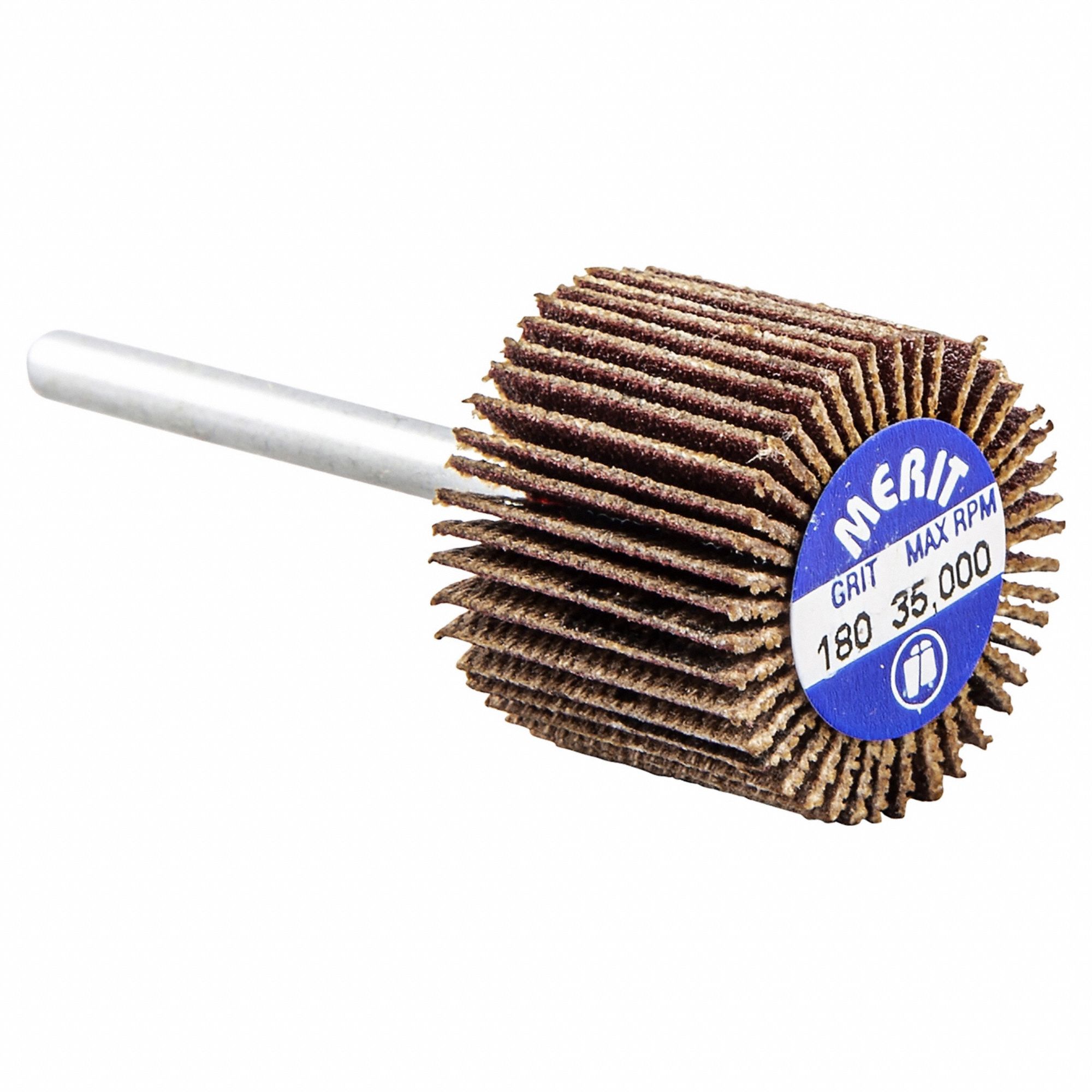 Flap Wheel: 3/4 in Dia x 5/8 in W, 1/8 in Straight-Shank, Aluminum Oxide, 180 Grit, R369