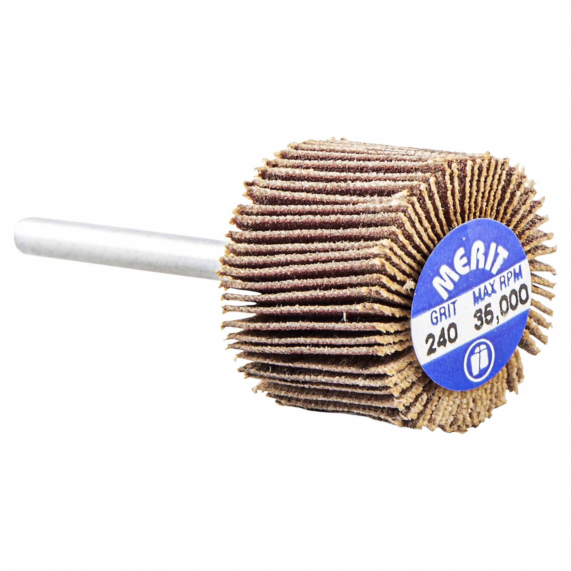 Flap Wheel: 3/4 in Dia x 5/8 in W, 1/8 in Straight-Shank, Aluminum Oxide, 240 Grit, R369