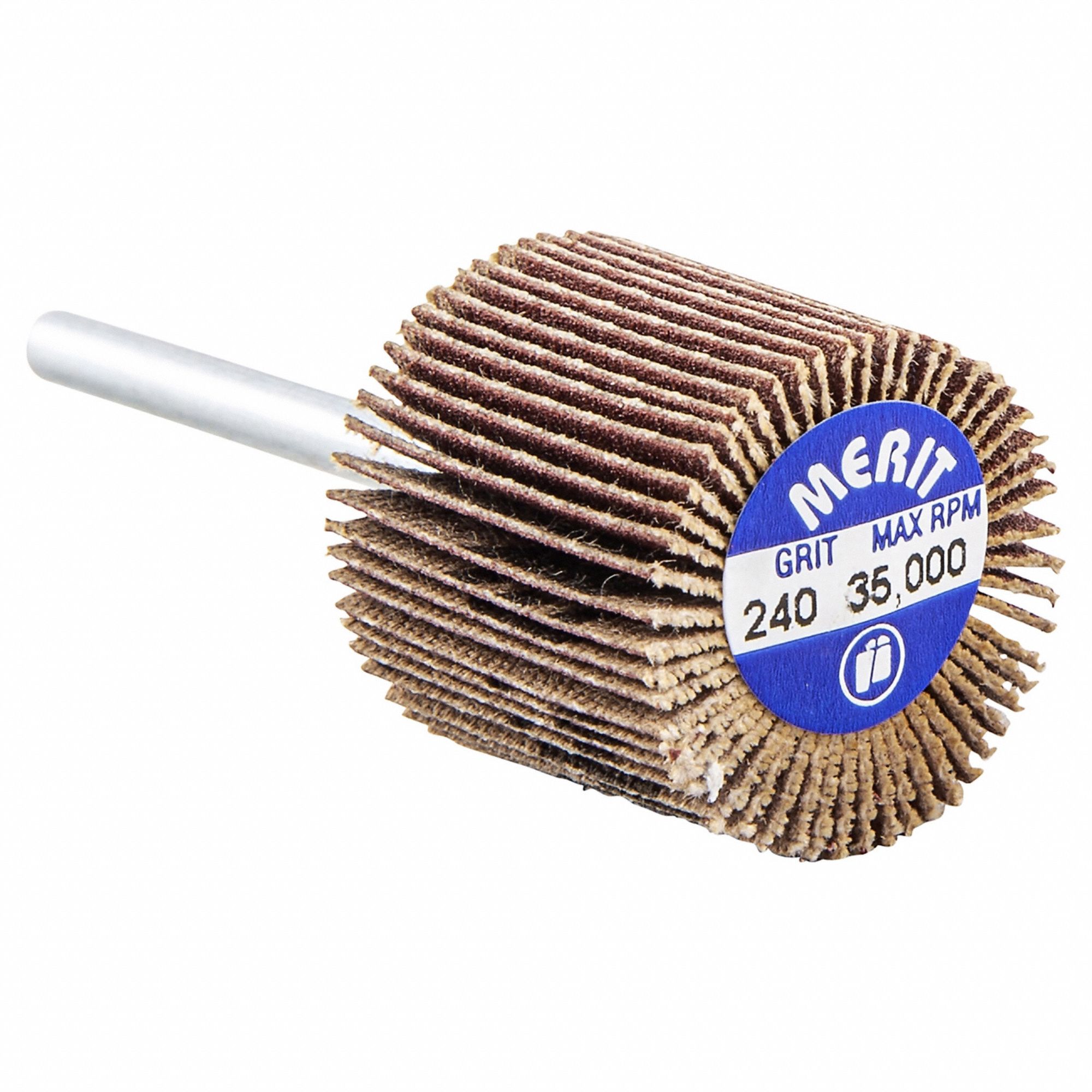 Flap Wheel: 3/4 in Dia x 3/4 in W, 1/8 in Straight-Shank, Aluminum Oxide, P240 Grit, R369