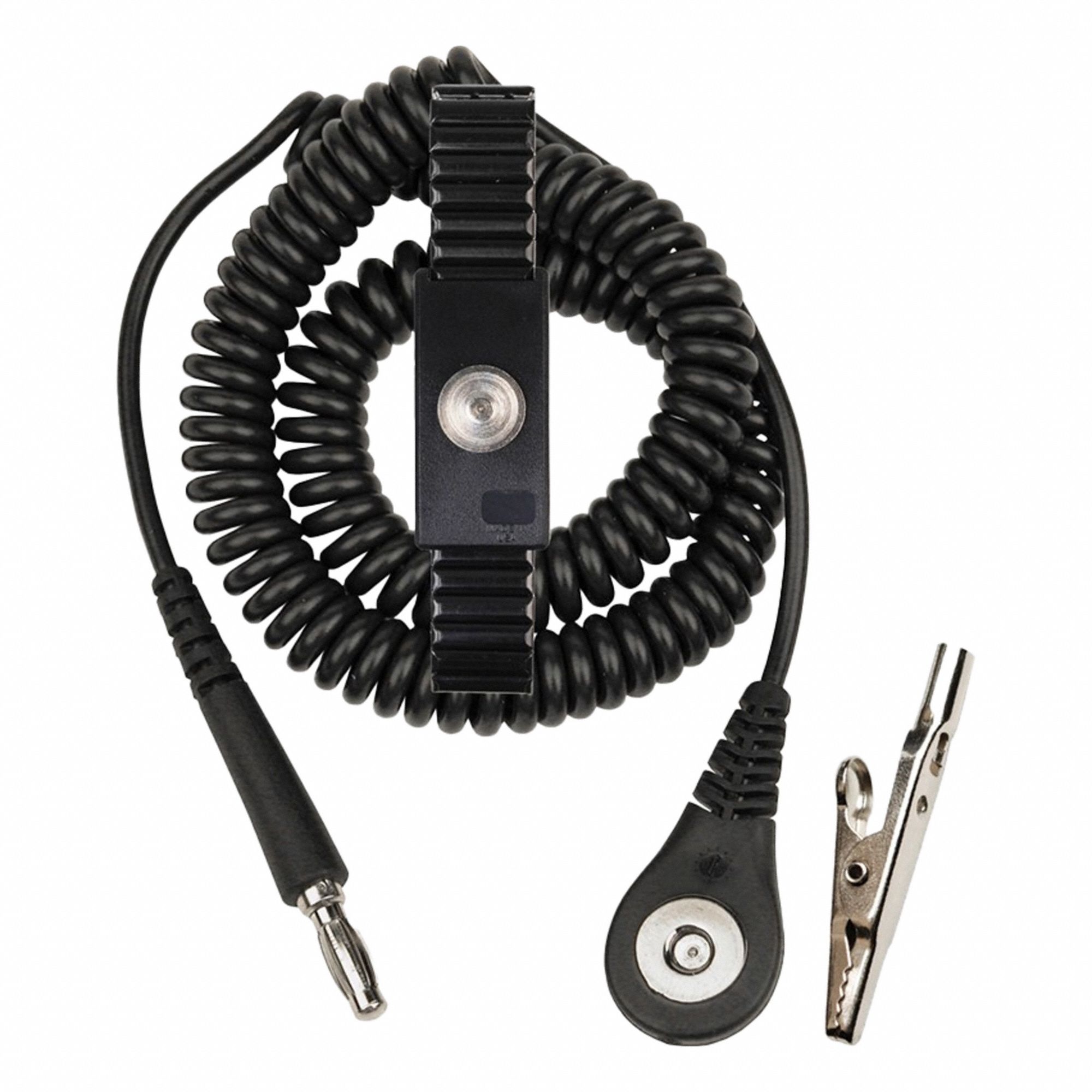 Magnetic Snap Wrist Strap: Metal, Black, Black, 2 Strap Conductors, 6 ft Cord Lg - Max, Coiled