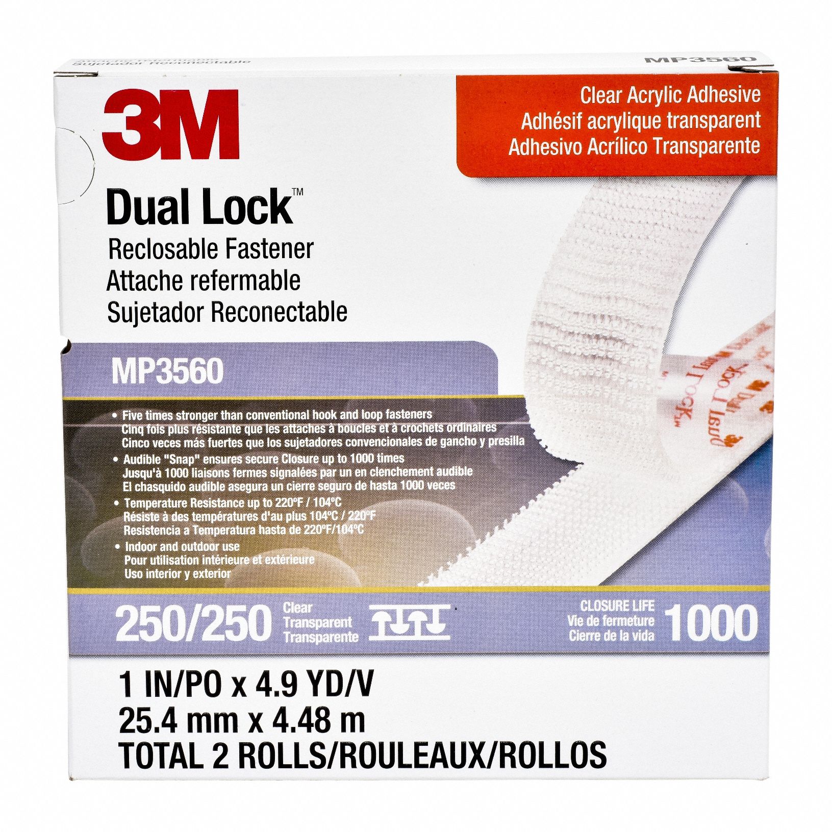 Hook-and-Loop Fastener: Roll, Clear, Self-Mating, 1 in Overall Wd, Adhesive, Acrylic