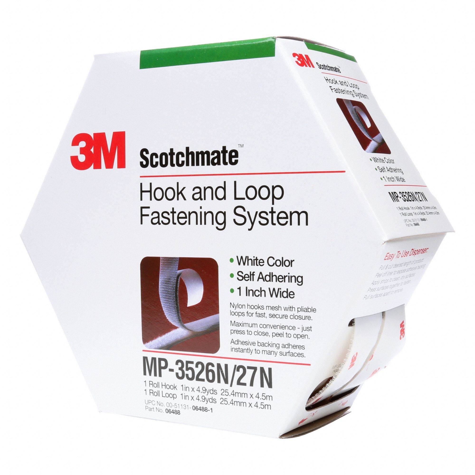 Hook-and-Loop Fastener: Roll, White, Hook-and-Loop, 1 in Overall Wd, 14 11/16 ft Overall Lg