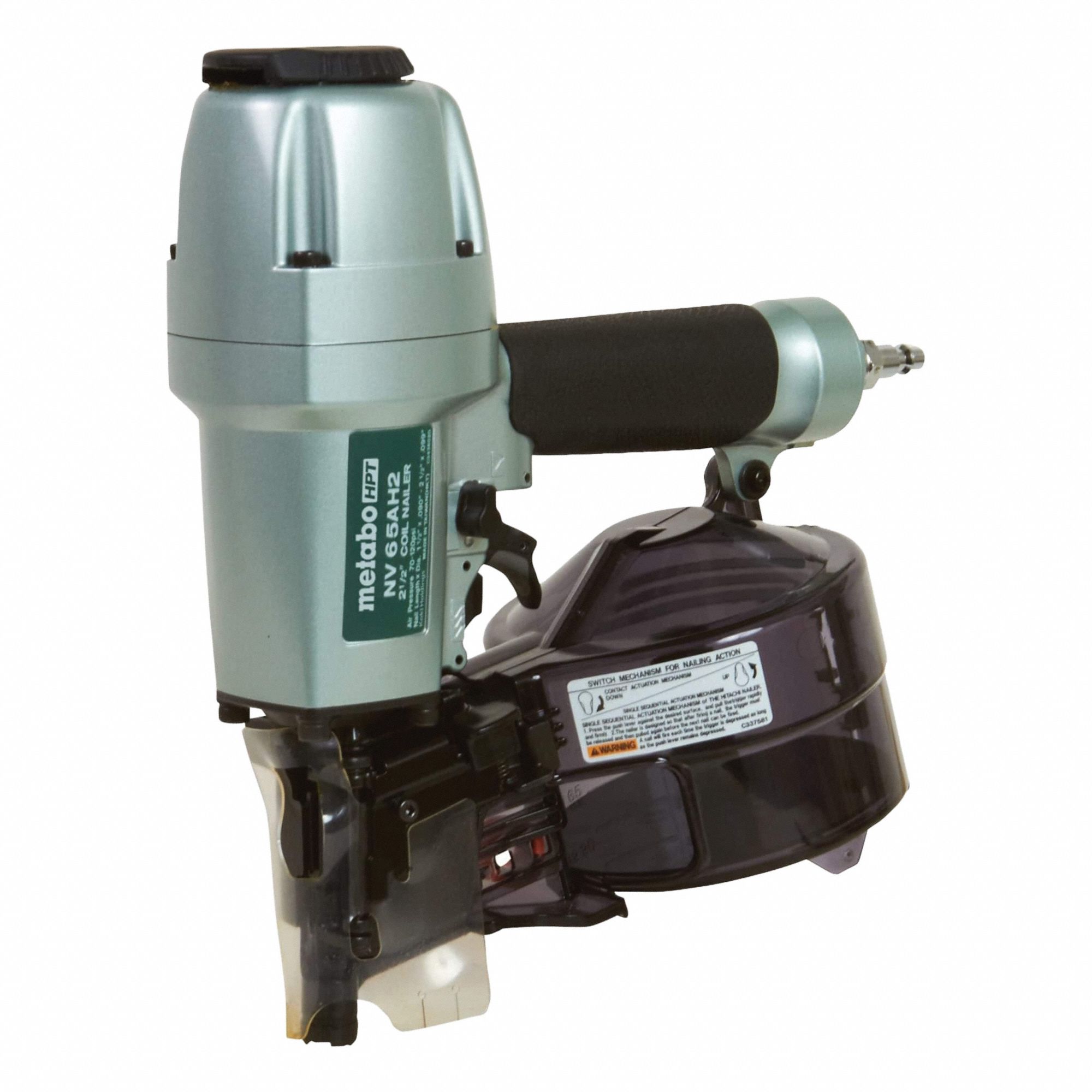 METABO HPT Air Nail Gun: Framing, 15°, Plastic/Wire, 3/8 in NPT, Bump/Sequential, Coil Collation (MPN NV65AH2M). Key specifications — attr1320923: METABO HPT; attr1320894: Sequential.