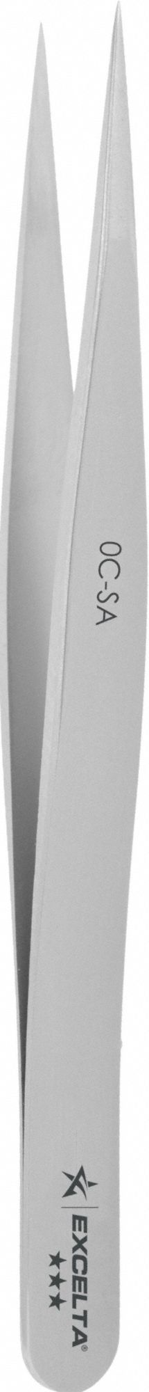 Tweezers: Stainless Steel, Point, Straight Tip, 0.004 in Tip Thick