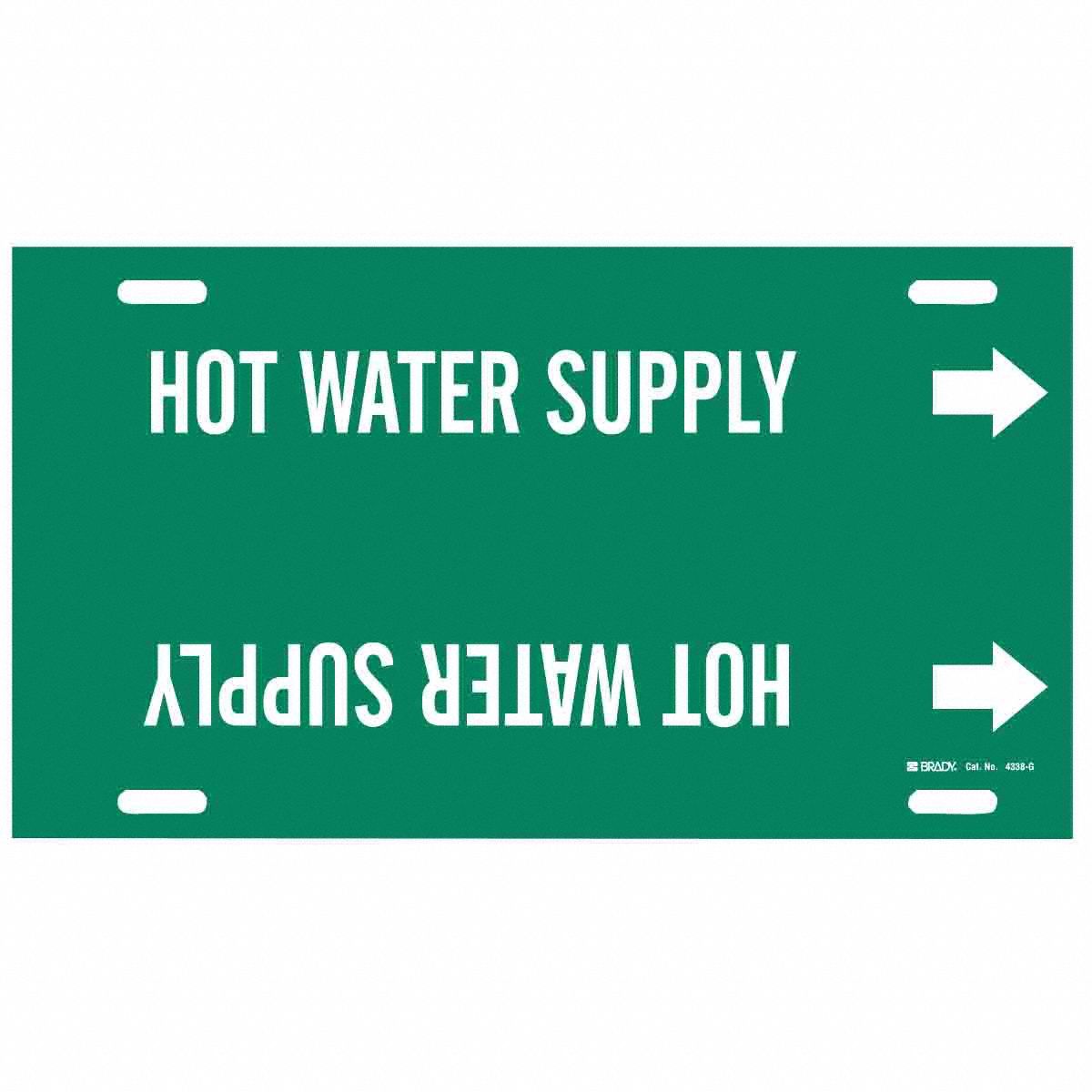 Pipe Marker: Hot Water Supply, Green, White, Fits 8 to 9 7/8 in Pipe O.D., 1 Pipe Markers