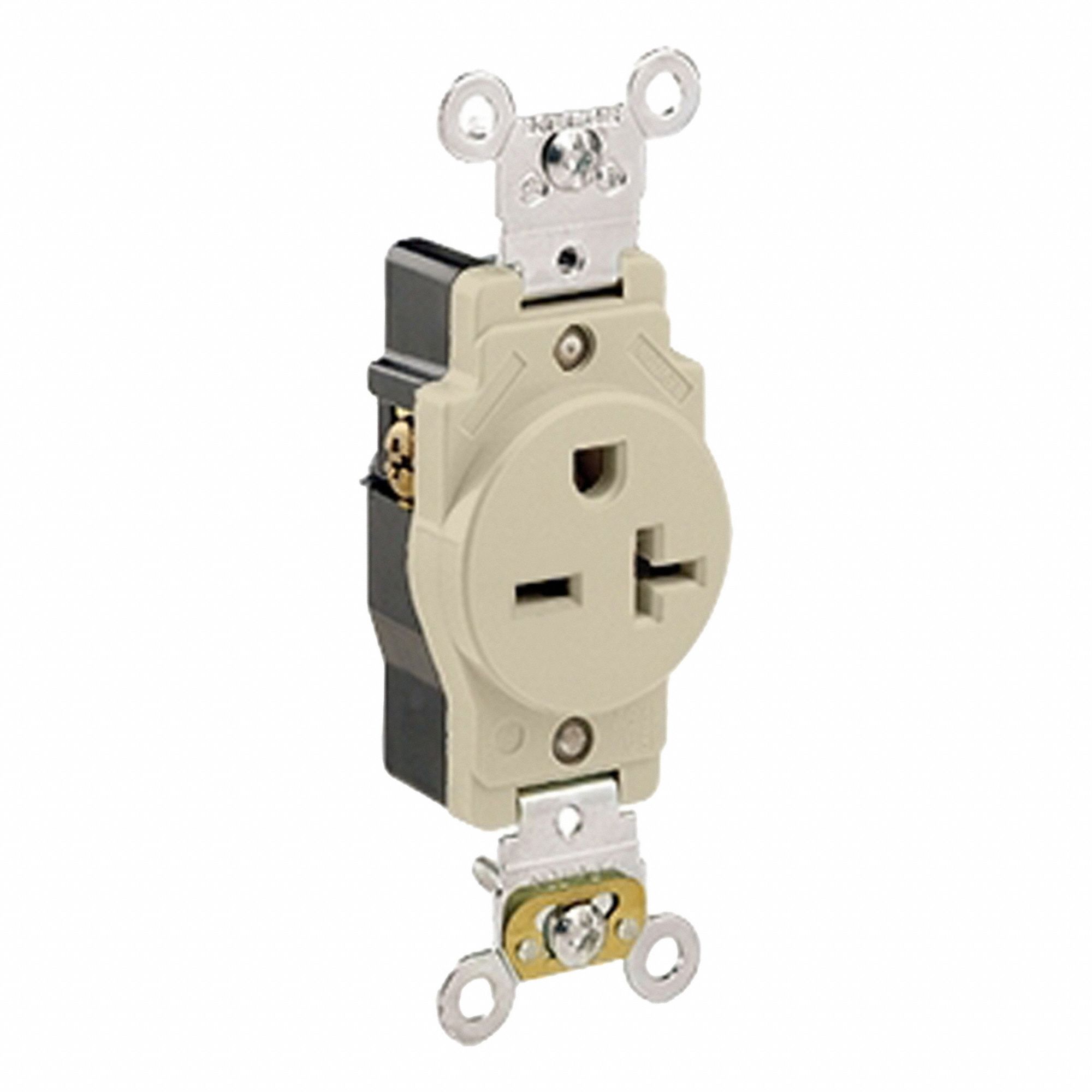 Single Receptacle Outlet: Single, 6-20R, 250V AC, 20 A, Ivory, 2 Pole / 3 Wire