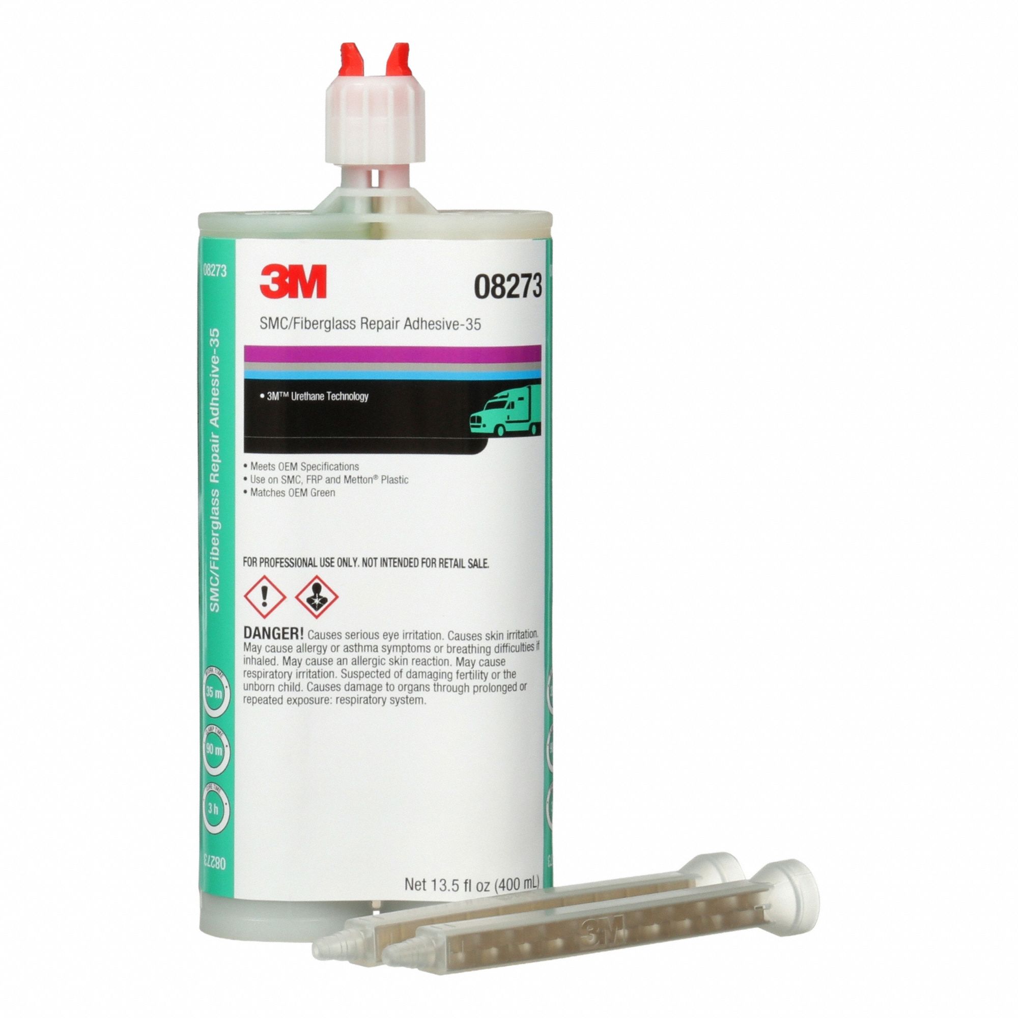 Repair Adhesive: Urethane, Green, Metal, 35 min Working Time, 3 hr Full Cure Time, Cartridge