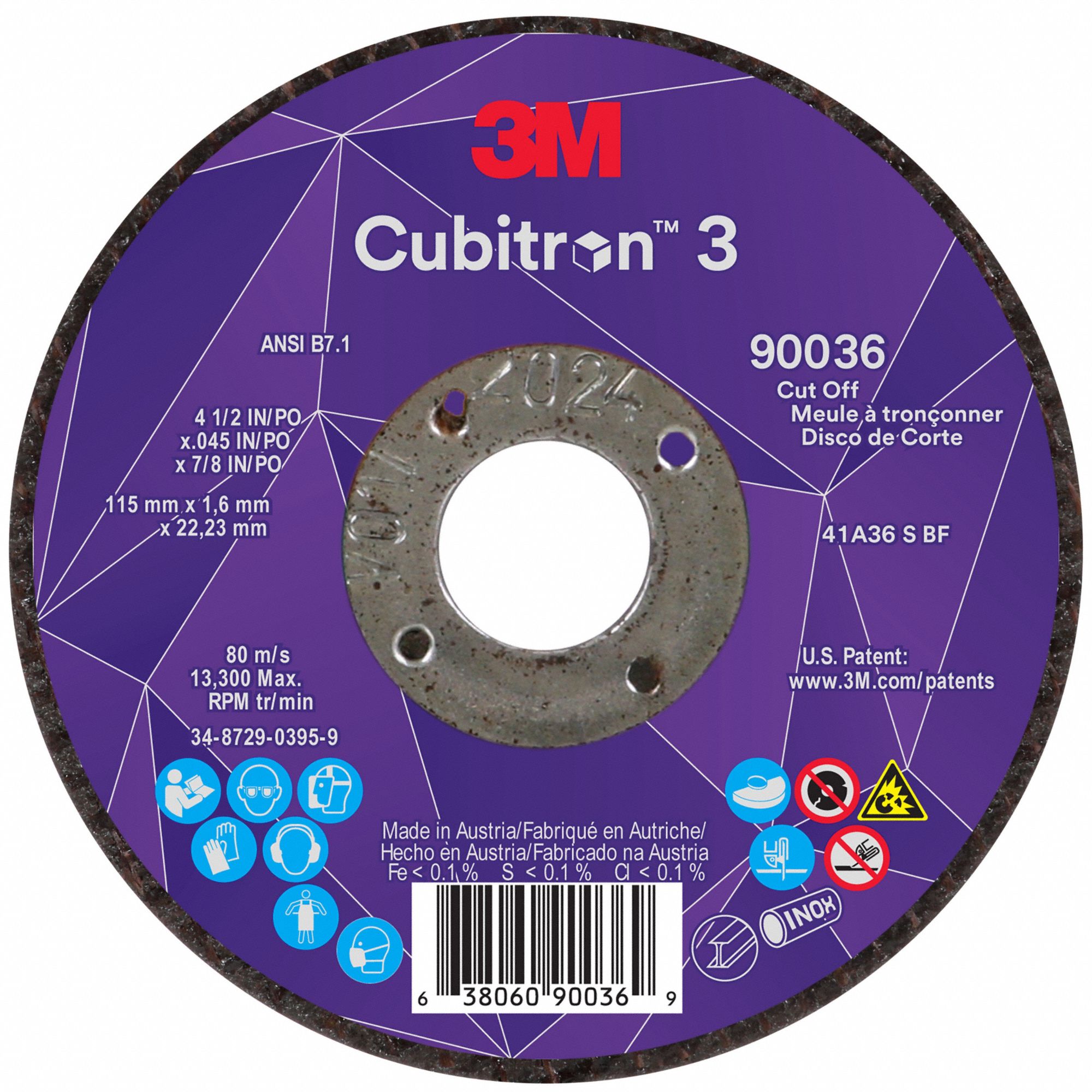 Abrasive Cut-Off Wheel: Type 1, 4 1/2" x 0.045" x 7/8", Ceramic, 36 Grit
