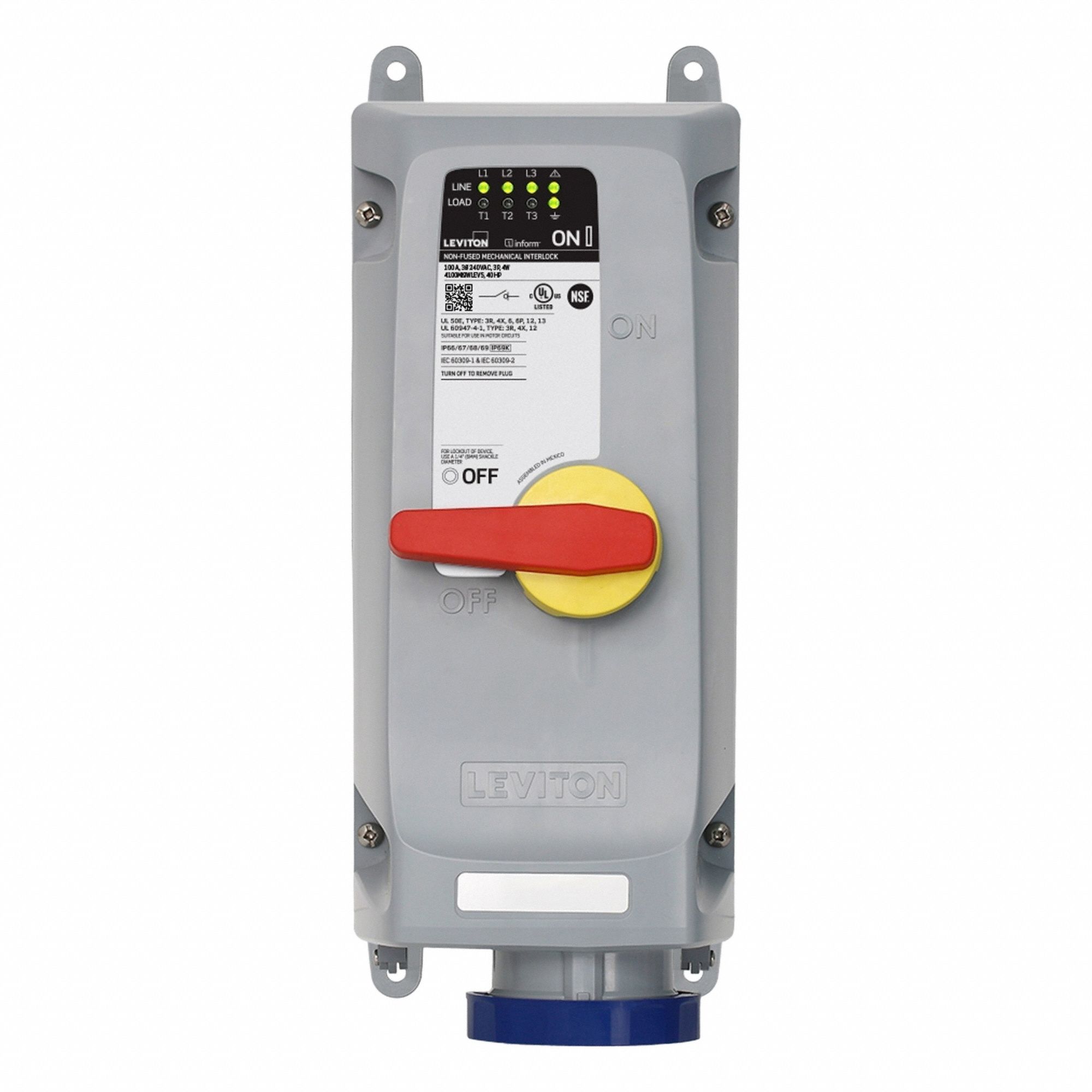 Pin and Sleeve Mechanical Interlock: Non-Fused, 100 A, 240V AC, 40 hp Horsepower Rating