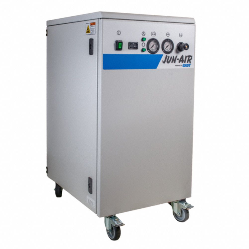 JUN-AIR Electric Air Compressor: Enclosed, Oil Free, 3/4 hp, 1.6 cfm, 116 psi Max Op Pressure (MPN 1069105). Key specifications — attr50806: 120V AC; attr50800: 1.6 cfm; attr100072: No Air Dryer; attr50788: JUN-AIR.