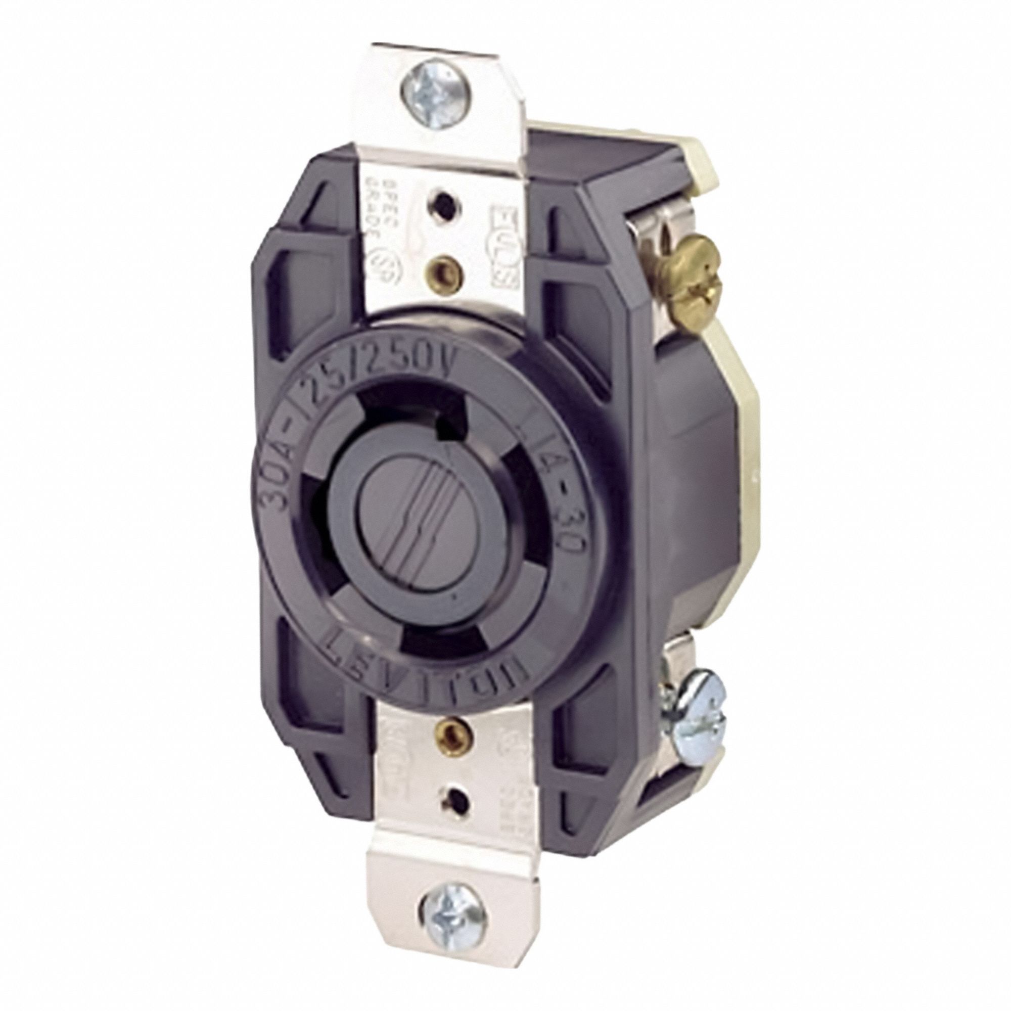 Flush Mounting Lock Receptacle: L14-30R, 30 A, 125/250V AC, Black, 3 Poles, Shrouded