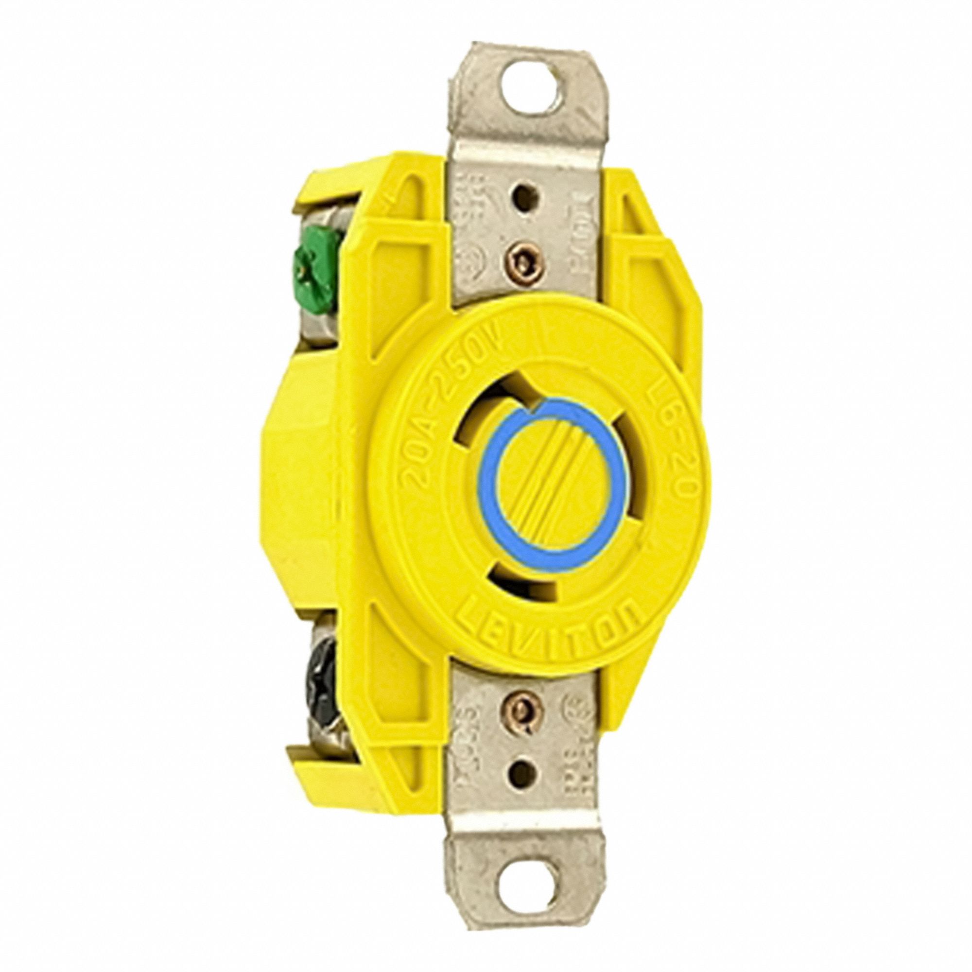 Flush Mounting Lock Receptacle: L6-20R, 20 A, 250V AC, Yellow, 2 Poles, Shrouded