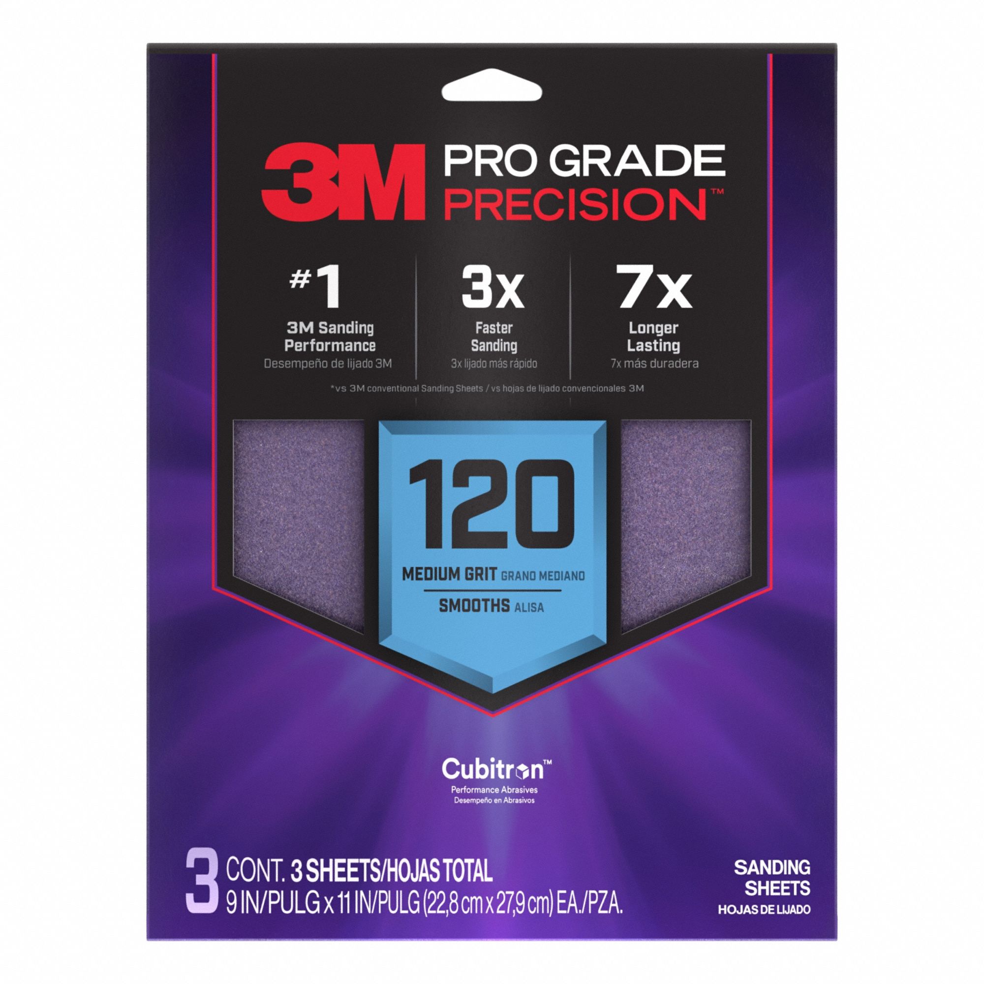 Sanding Sheet: 9 in W x 11 in L, Ceramic, 120 Grit, Pro Grade Precision, 3 PK
