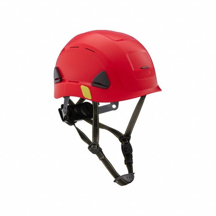 Climbing Helmet: Red, No Graphics, Ratchet (8-Point), Ratchet, Polyethylene, Side-Slots, Solid