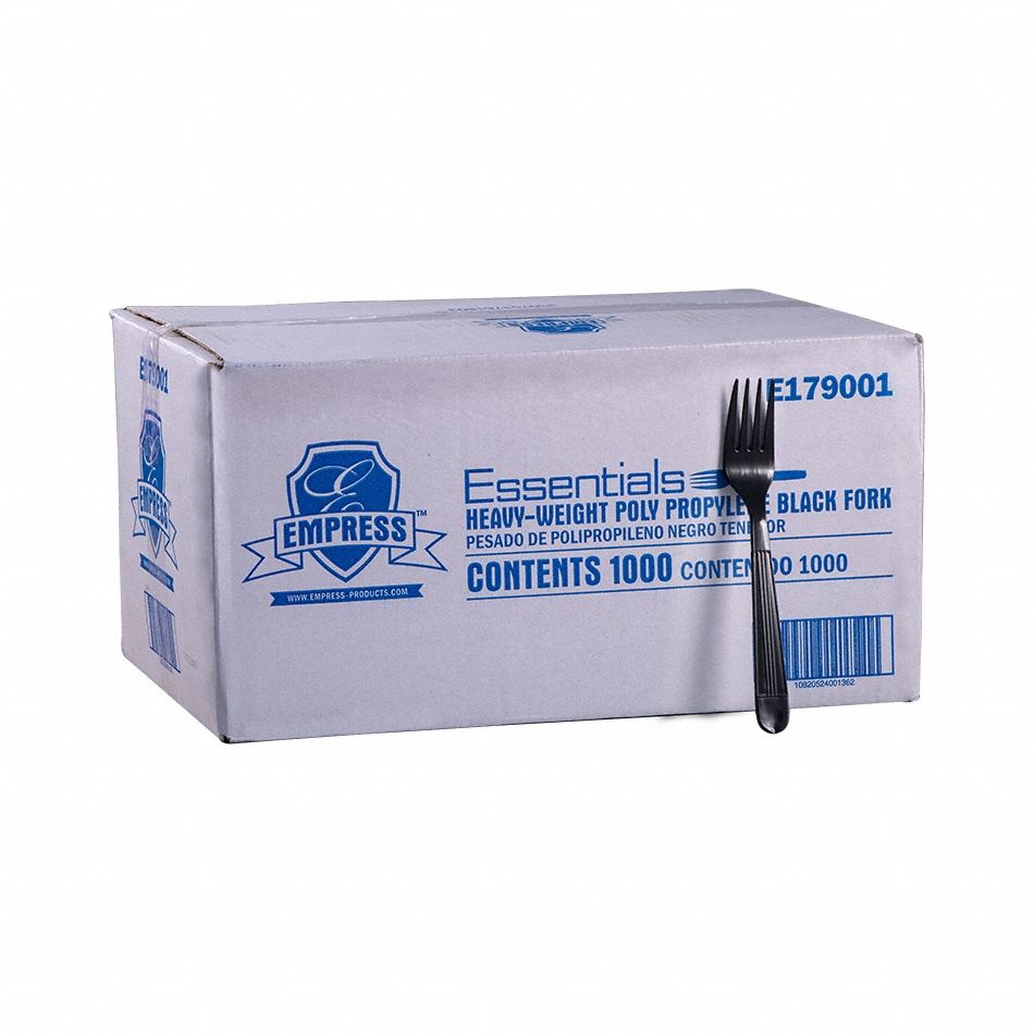 Disposable Fork: Black, Heavy-Wt, Plastic, Unwrapped, 1, 000 PK