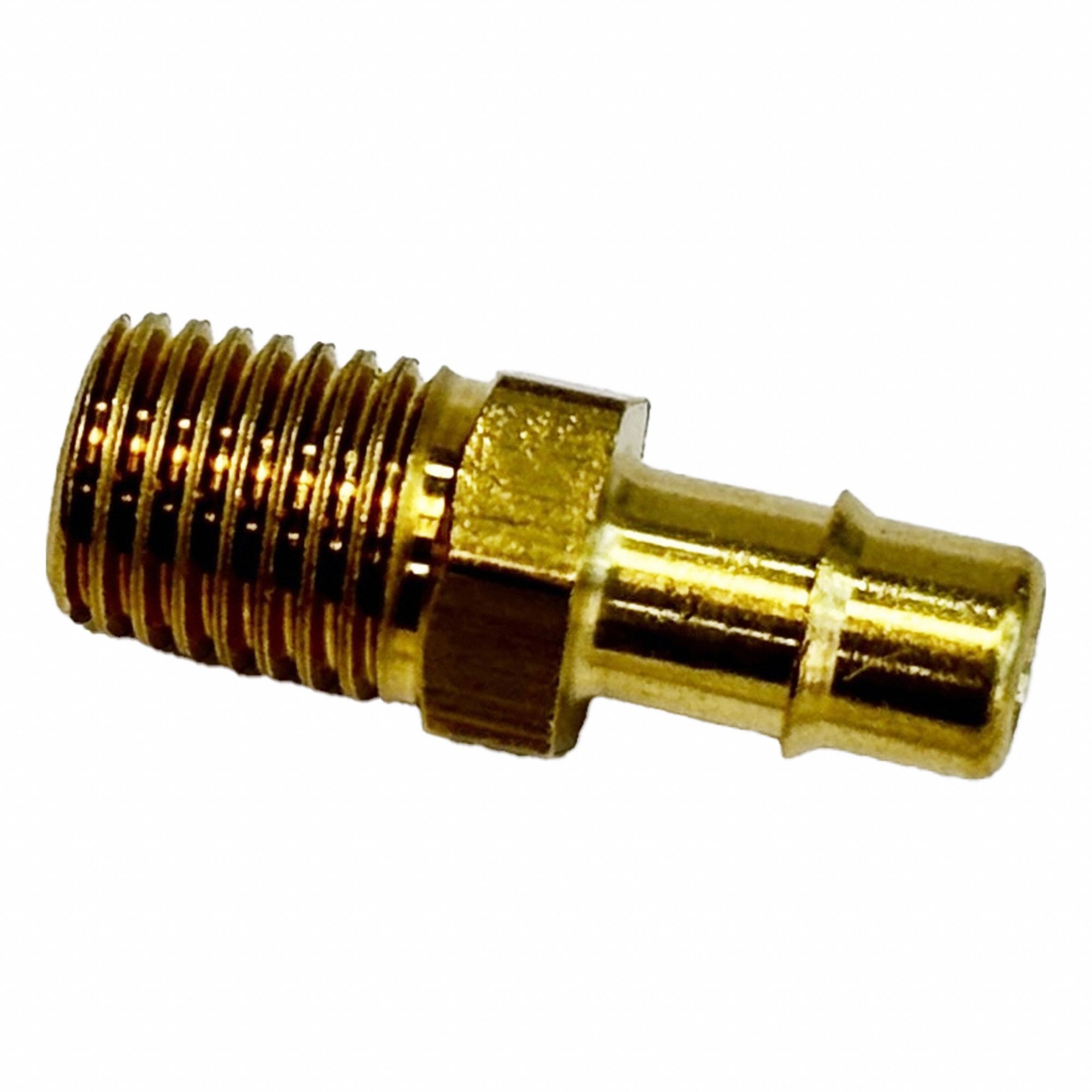 Mini Barb Fitting: 1/16 in Pipe x 3/16 in ID Size, MNPT x Tube, Brass, 27/32 in Overall Lg